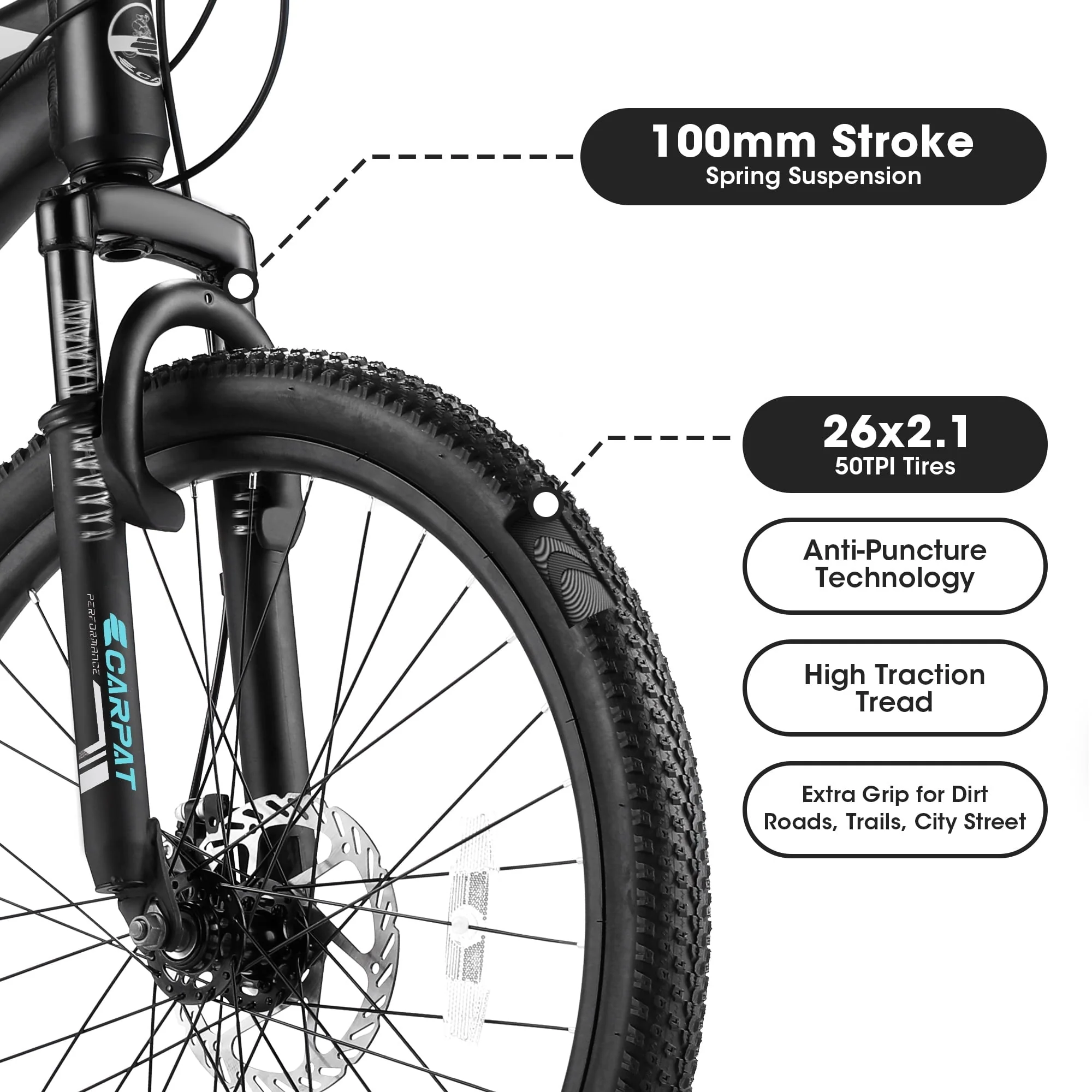 Ecarpat 26 Inch Wheels Mountain Bike, Mens Womens 26 Inch, 17" Height Aluminum Steel Frame, 21 Speed Disc Brakes Front Suspension, Youth Boys Girls Adult Bicycles Black