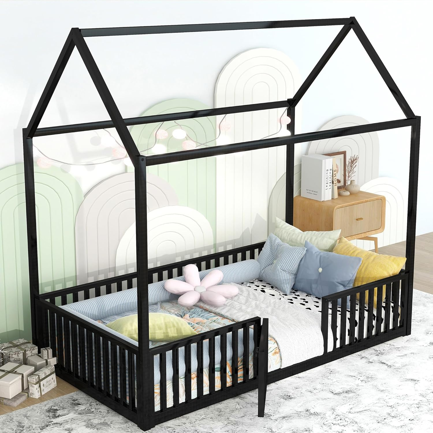 Bellemave Twin Size Floor Bed for Kids, Metal Montessori Toddler Bed with Door and Fence, House Bed Frame for Toddler Kids Boys Girls (Slats Not Include)-Black