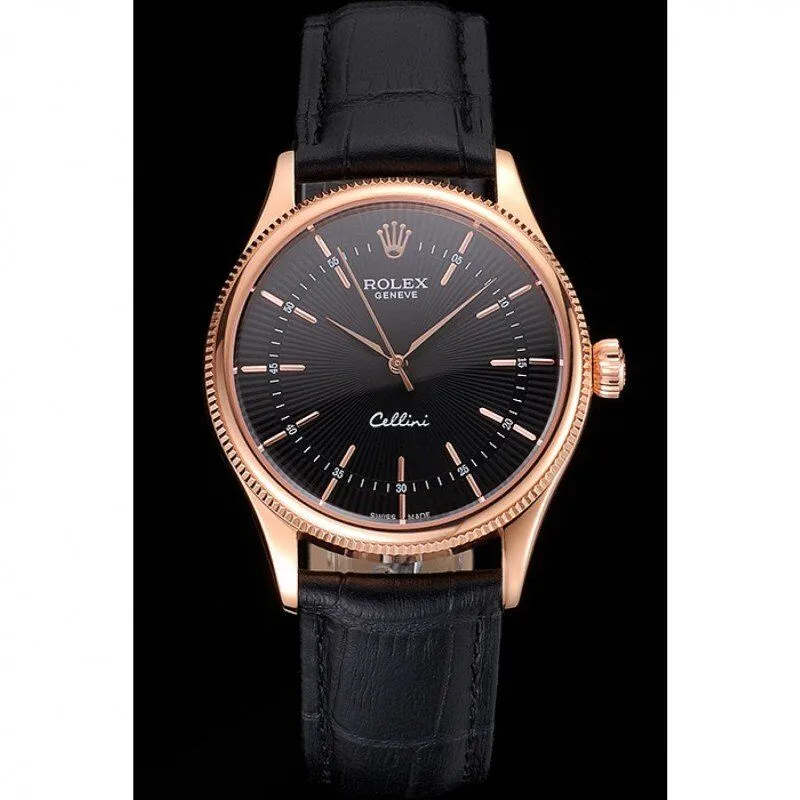 Swiss Rolex Cellini Black Dial Rose Gold Markings Rose Gold Case Black Leather Strap