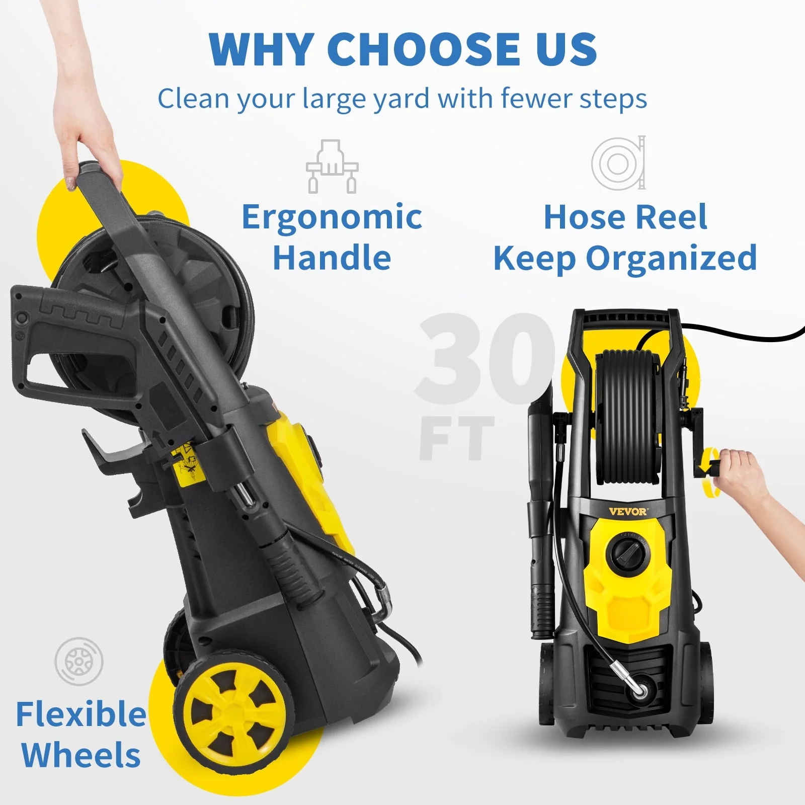 VEVOR Electric Pressure Washer, 2000 PSI, Max. 1.76 GPM Power Washer w/ 30 ft Hose & Reel, 5 Quick Connect Nozzles, Foam Cannon, Portable to Clean Patios, Cars, Fences, Driveways, ETL Listed