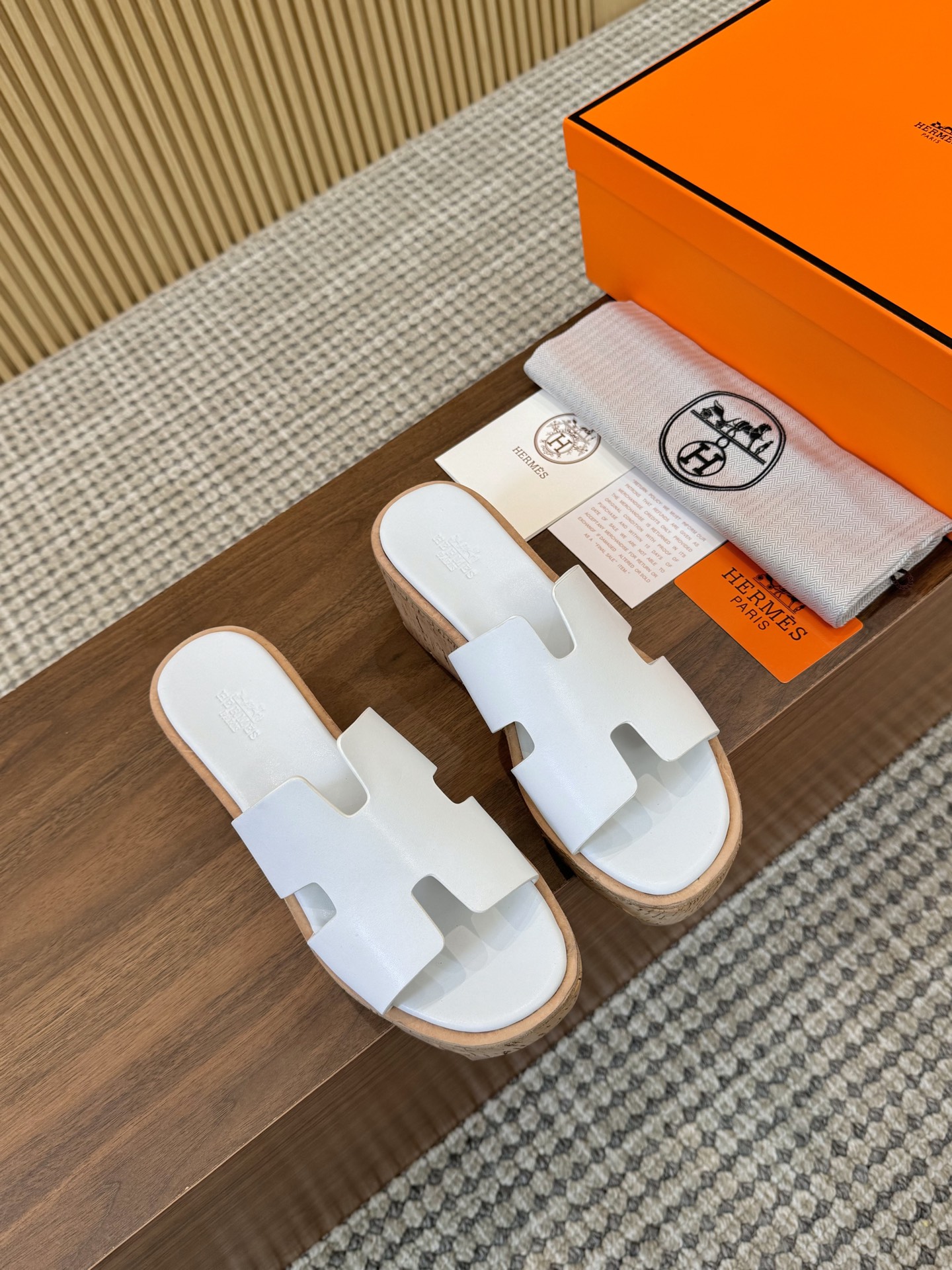 Hermès White Smooth Leather H-Cutout Cork Sole Slide Sandal