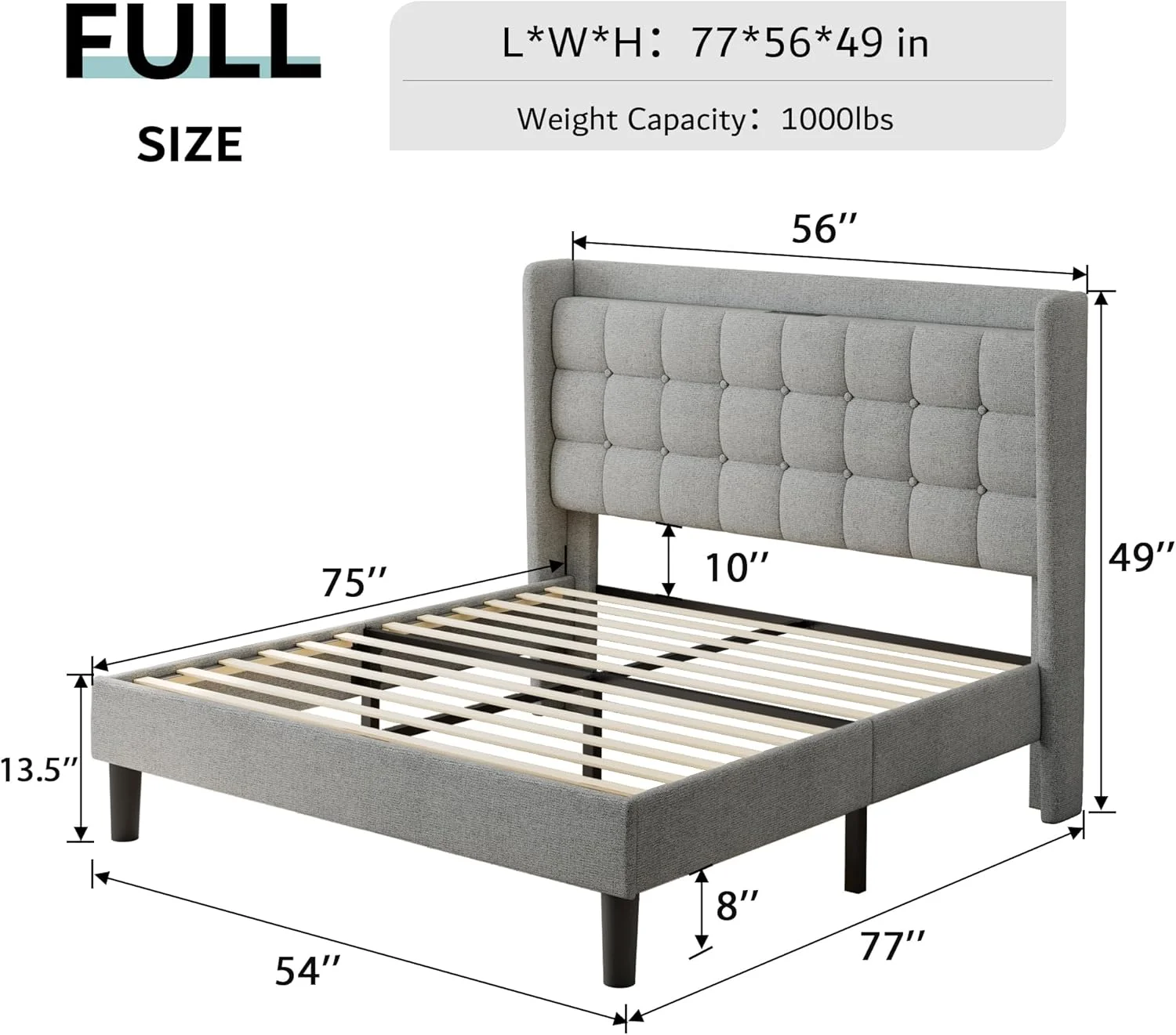 ipormis Full Size Bed Frame with Charging StationUpholstered Platform Bed Frame  with Wingback Storage Headboard, No Box Spring Needed,Light Grey