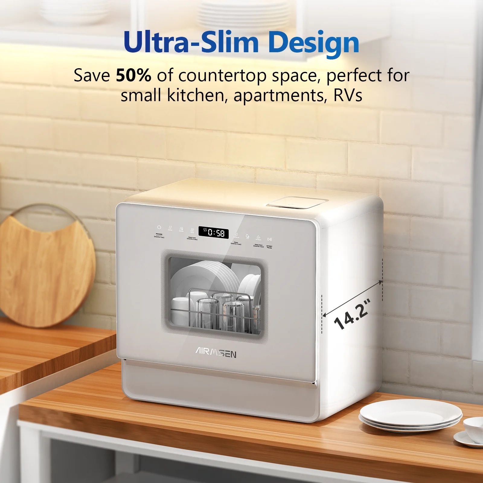 AIRMSEN 5-Place Settings Portable Countertop Dishwasher with 5L Built-in Water Tank, Ultra-Slim Dishwasher Upgrade 3 Spray Arms, 12H Delay Start and Salt Chamber Function, ZMW-DUHA01