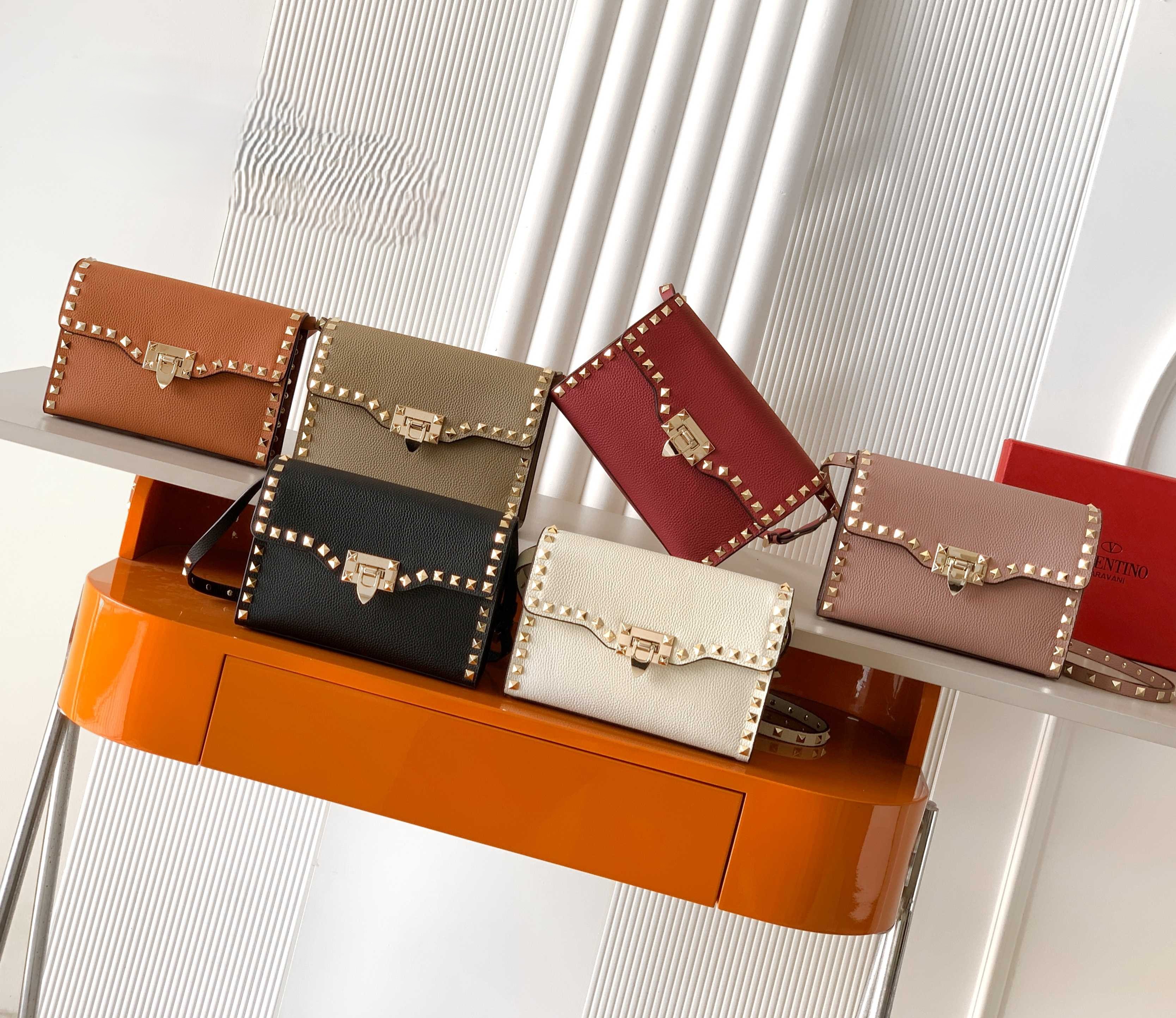 Valentino Rockstud Grained Leather Gold Studded Envelope Shoulder Crossbody Bag
