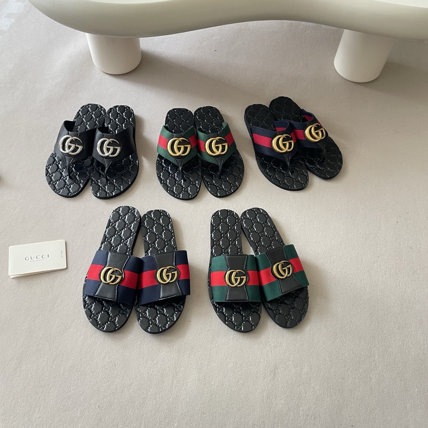 Gucci Double G Web Stripe Thong Sandals