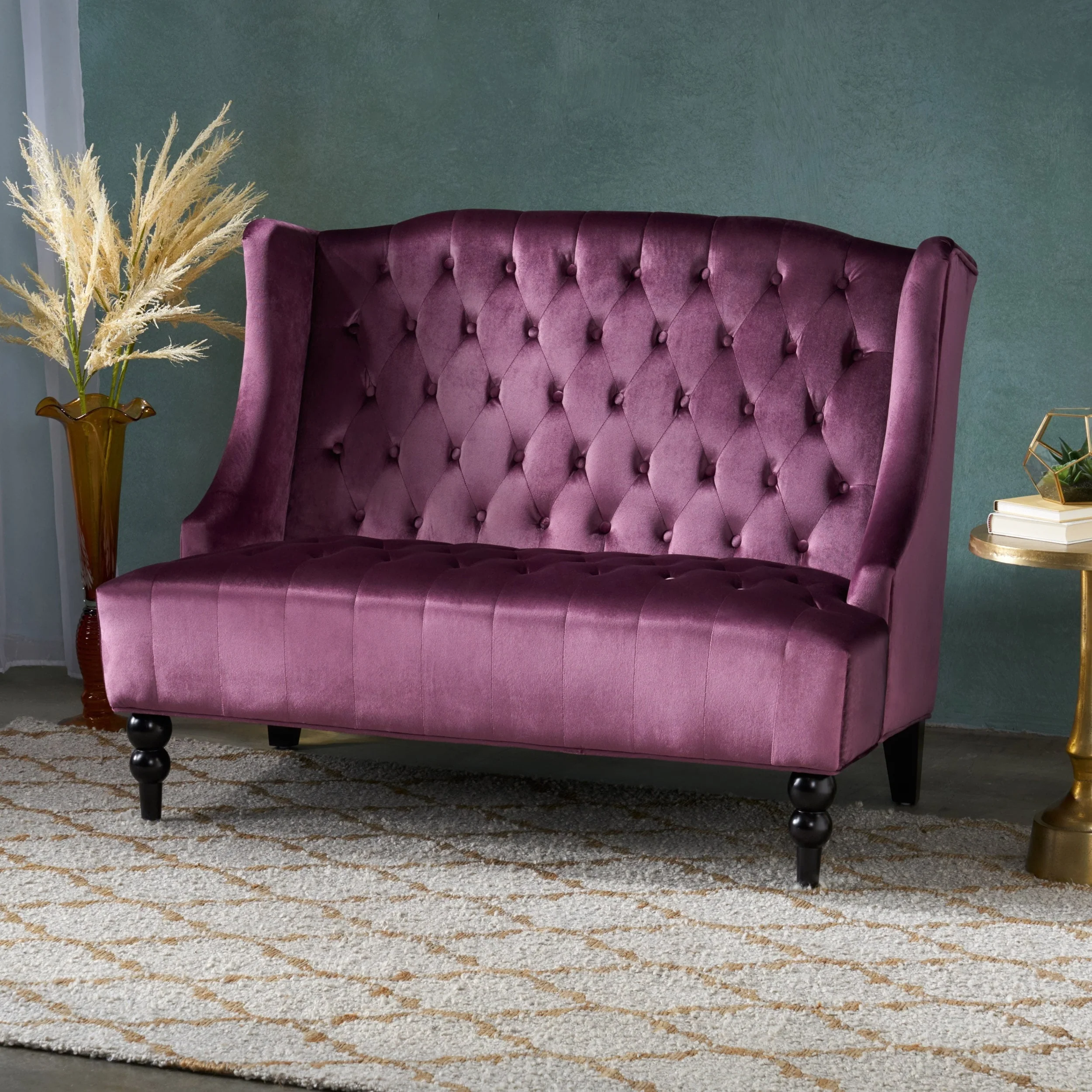 Christopher Knight Home Leora Modern Glam Tufted Velvet Wingback Loveseat by  Armless Emerald Semi-Firm