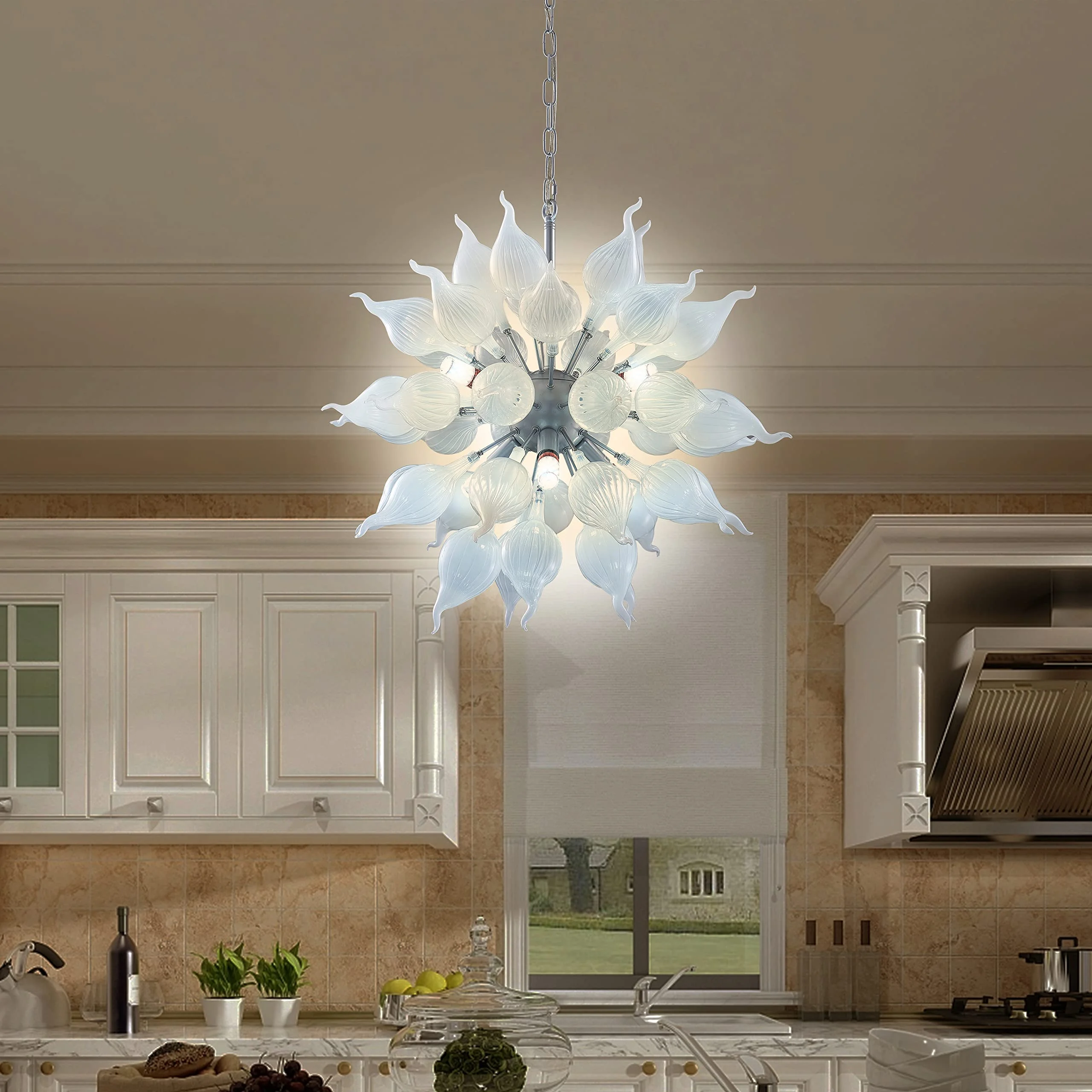 Longree 6-lights Plug in Hand Blown Glass Chandelier Modern Luxury White Flower Bud Glass Art Tall Ceiling Light Hanging Light Fixture for Kitchen, Bedroom, Dining Room, Living Room-LR1466