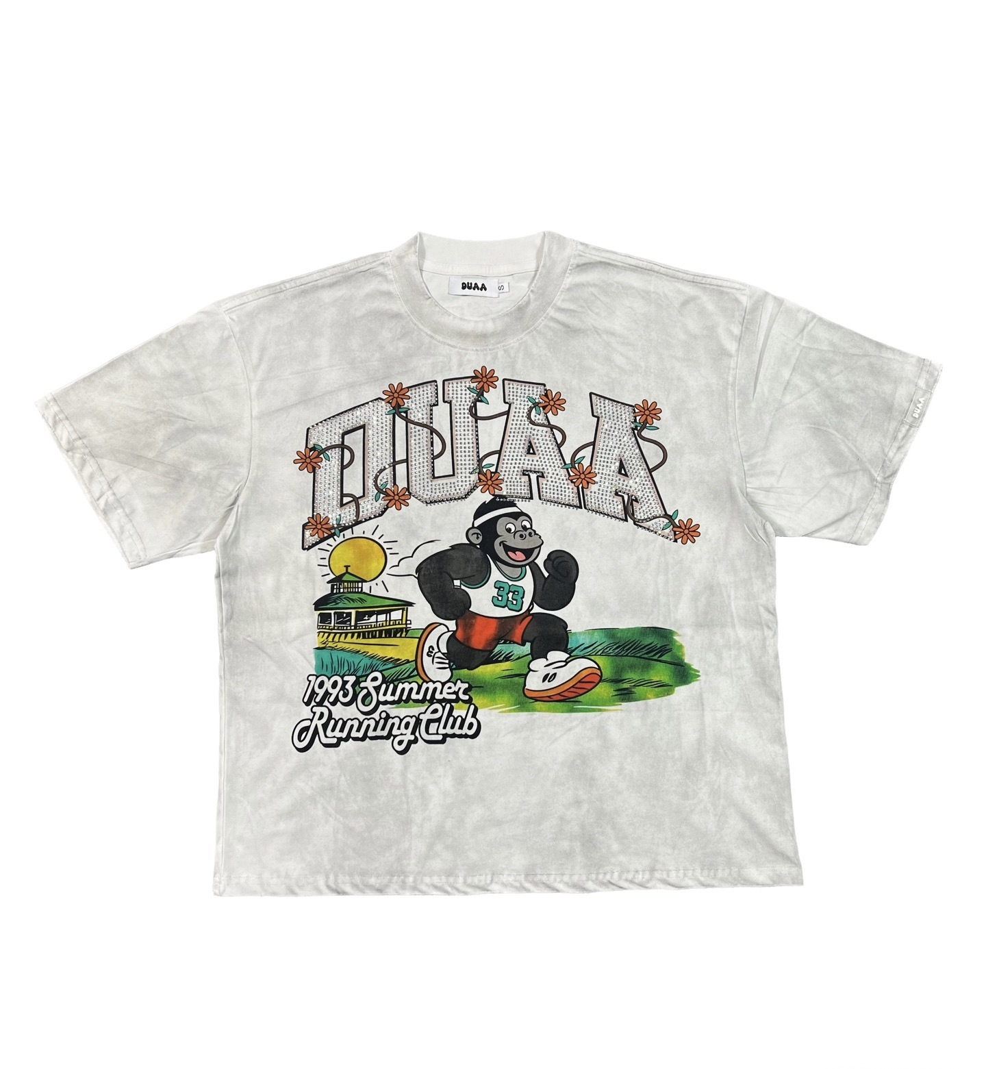 White vintage-style running gorilla athlete print short-sleeved T-shirt