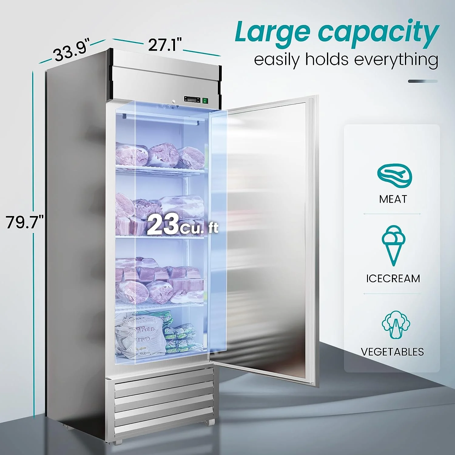 27"W Dynamic Cooling Commercial Freezer 23 Cu. Ft OmniSmart Temperature Control -10H~10H Self Closing Stainless Steel Reach-In Commercial Freezer Digital Thermostat LED Lighting 3 Shelves