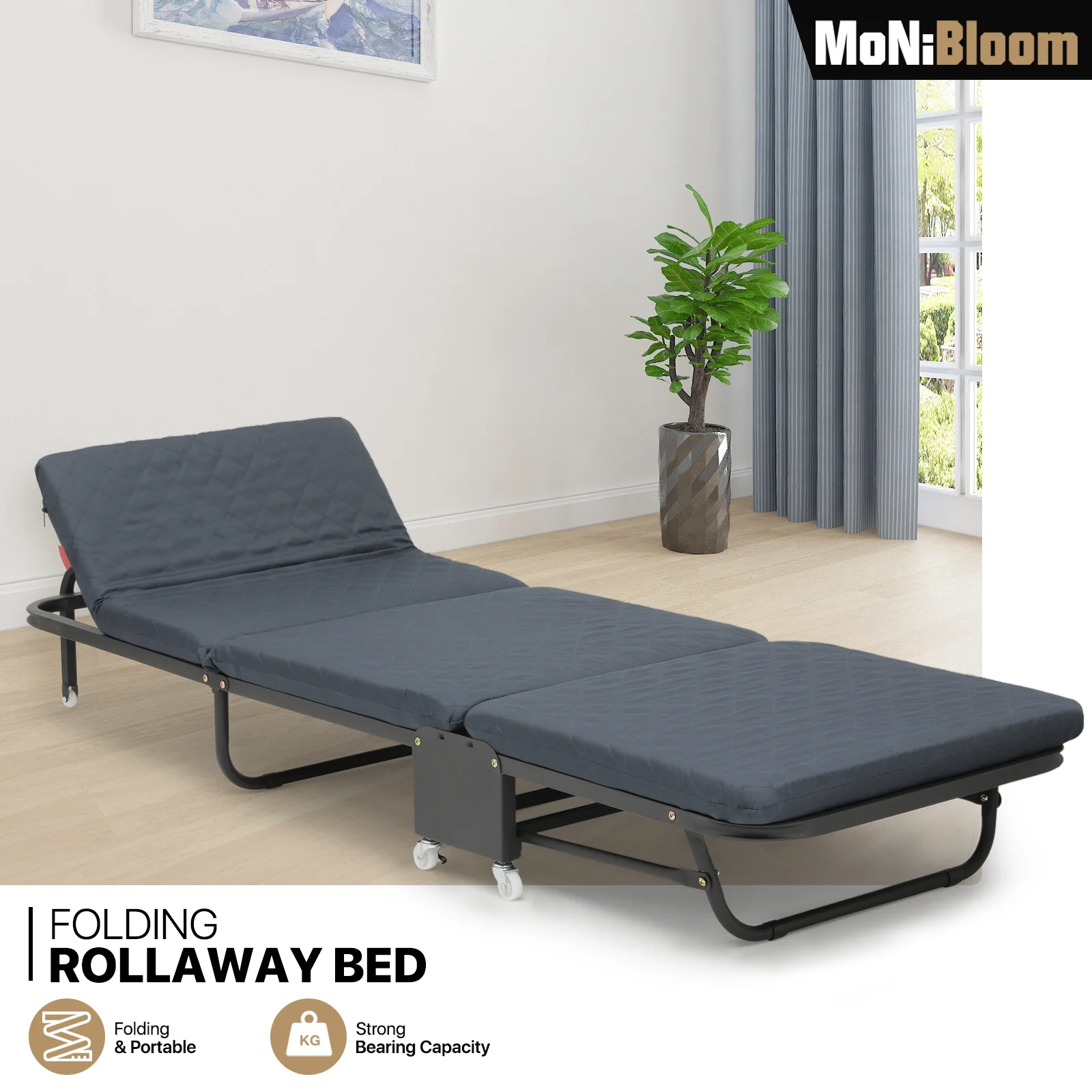 MoNiBloom Folding Bed with Wheels, Foldable Rollaway Bed with Foam Mattress for Adults, Camping Cot Sleeping Bed for Spare Bedroom Office, Dark Grey