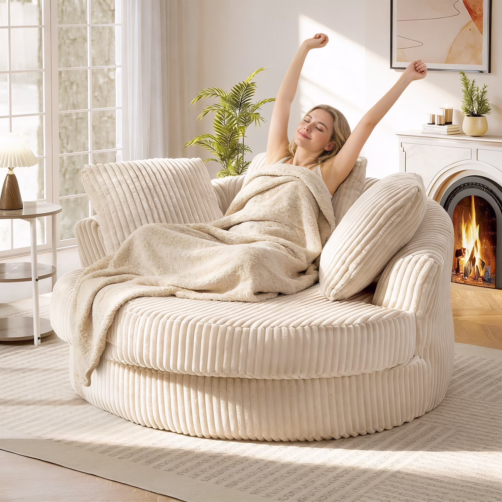 Muumblus 61" Oversized Round Boneless Lounge Chaise Chair Indoor, Corduroy Deep Seat Cloud Couch Sleeper Sofa Bed with 3 Pillows, No Assembly Barrel Chair for Living Room, Beige