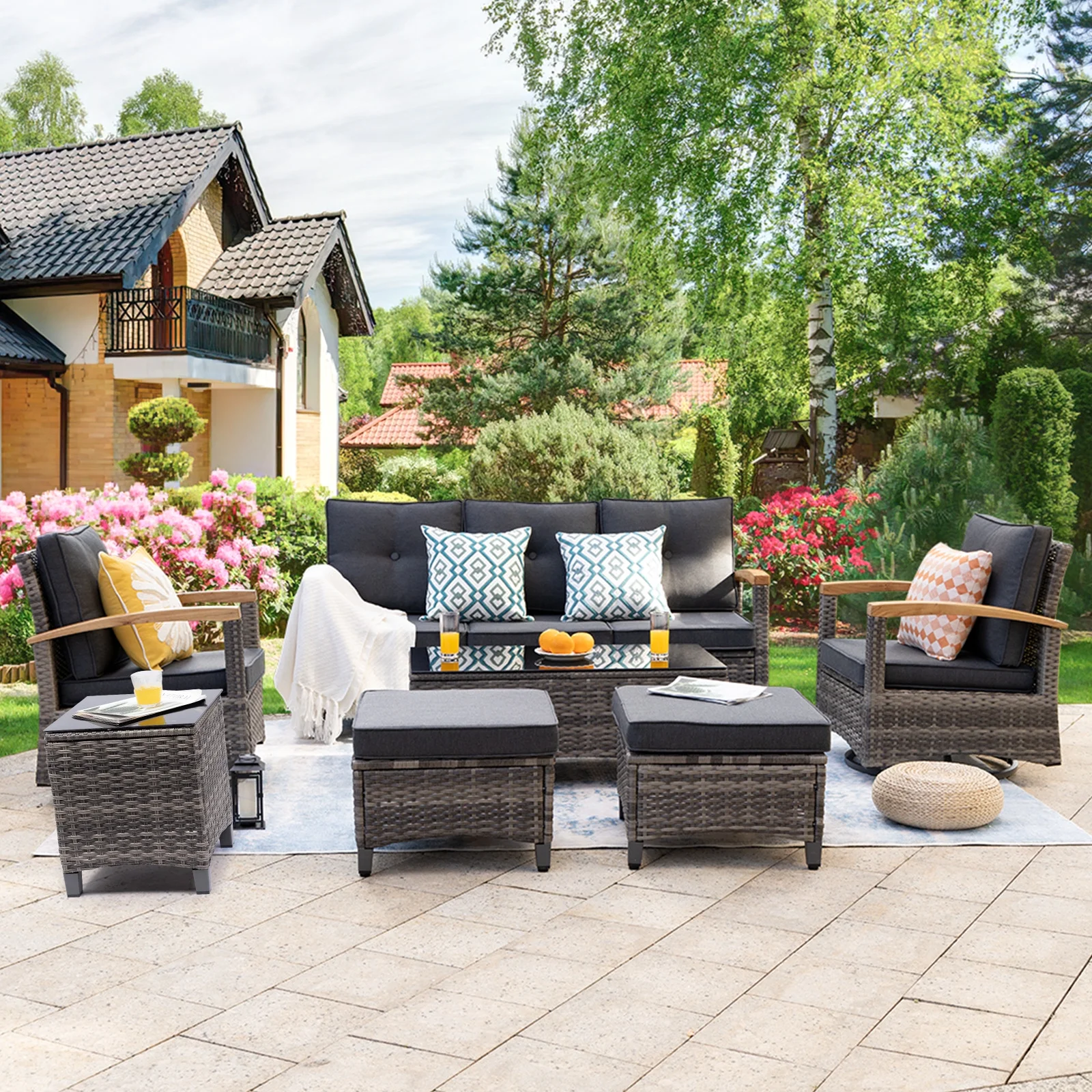 MEISSALIVVE 7-Piece Outdoor Rattan Furniture Set with 2 Wood Armrest Swivel Rocker Chairs, 2 Ottomans, 3-Seat Sofa and Coffee Table, Gray