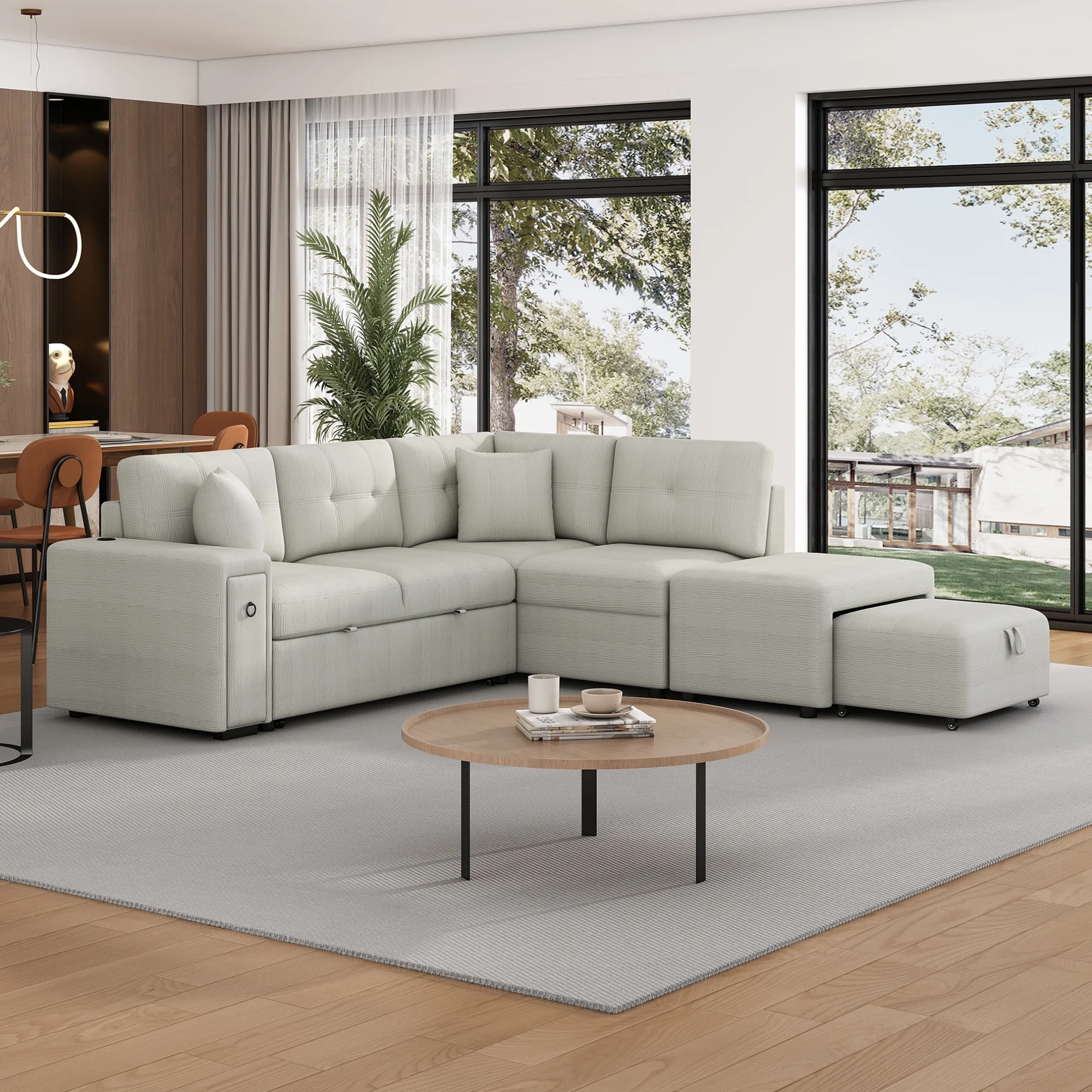 87" Modular Sectional Sleeper Sofa with Pull Out Bed, Convertible L-Shaped Couch with Ottoman, USB Ports and Two Cup Holders for Living Room, Apartment, Bedroom, Gray