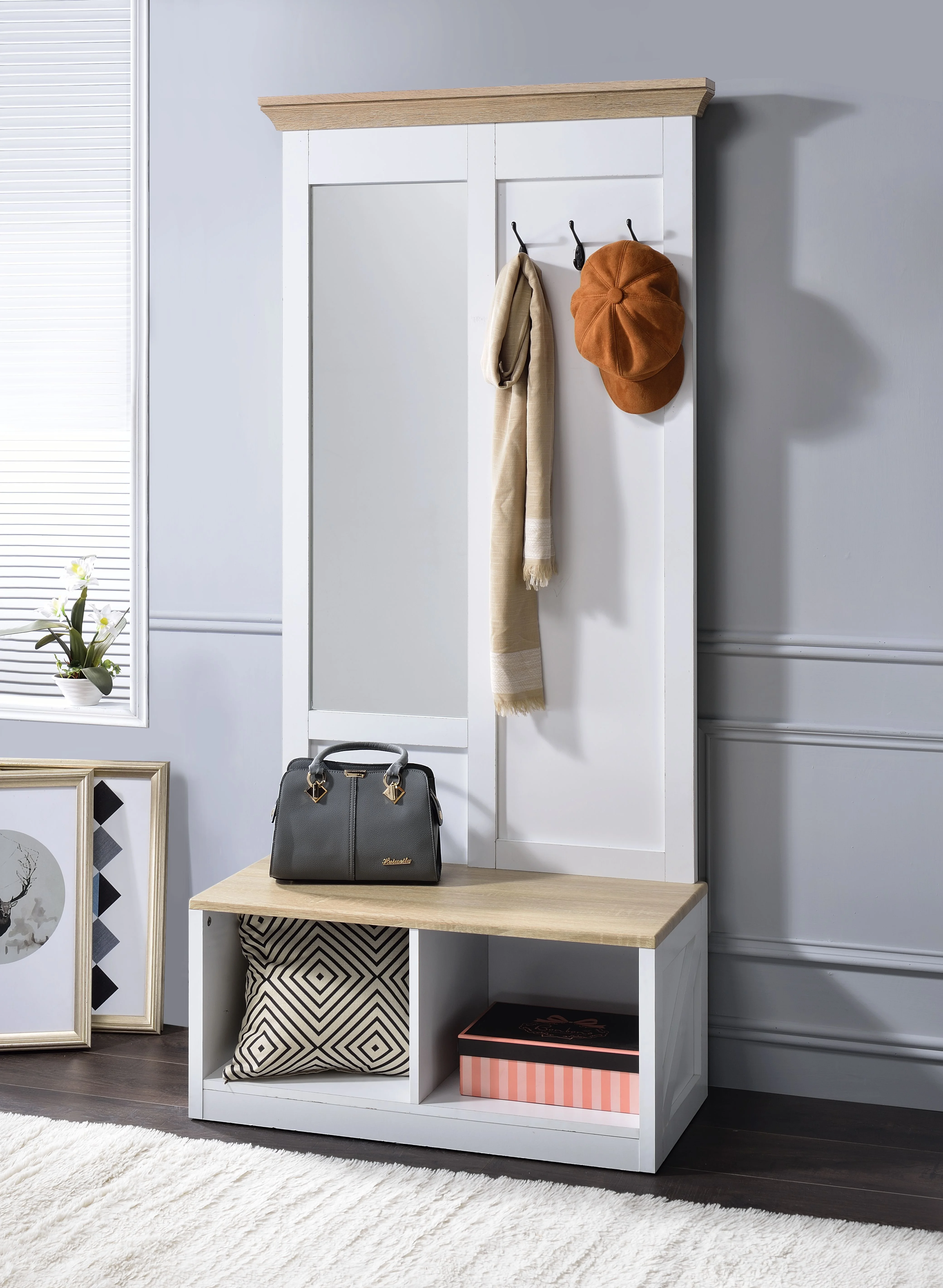 ACME Melati Wooden Fame Hall Tree with 2 Compartments in Light Oak and White