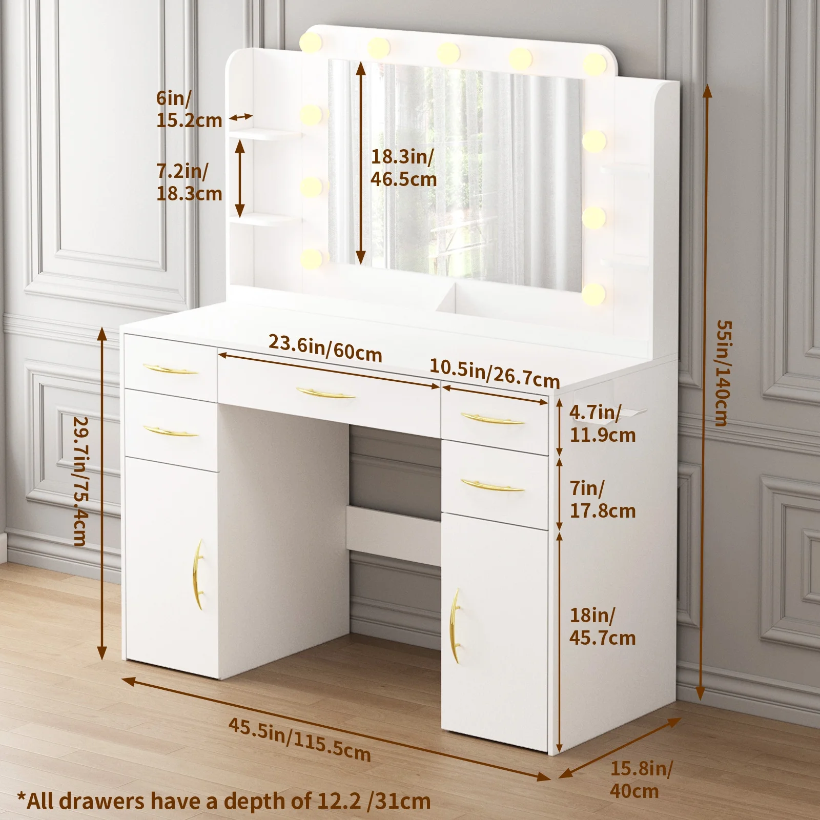 Tomnk woo 45.5in Makeup Vanity Desk with Mirror, Lights, Power Outlet, 5 Drawers, 2 Cabinets, White