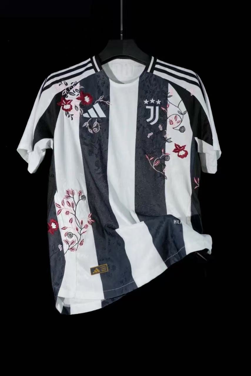Juventus 2023/24 Special Edition Jersey – Black & White Stripes with Red Floral Embroidery