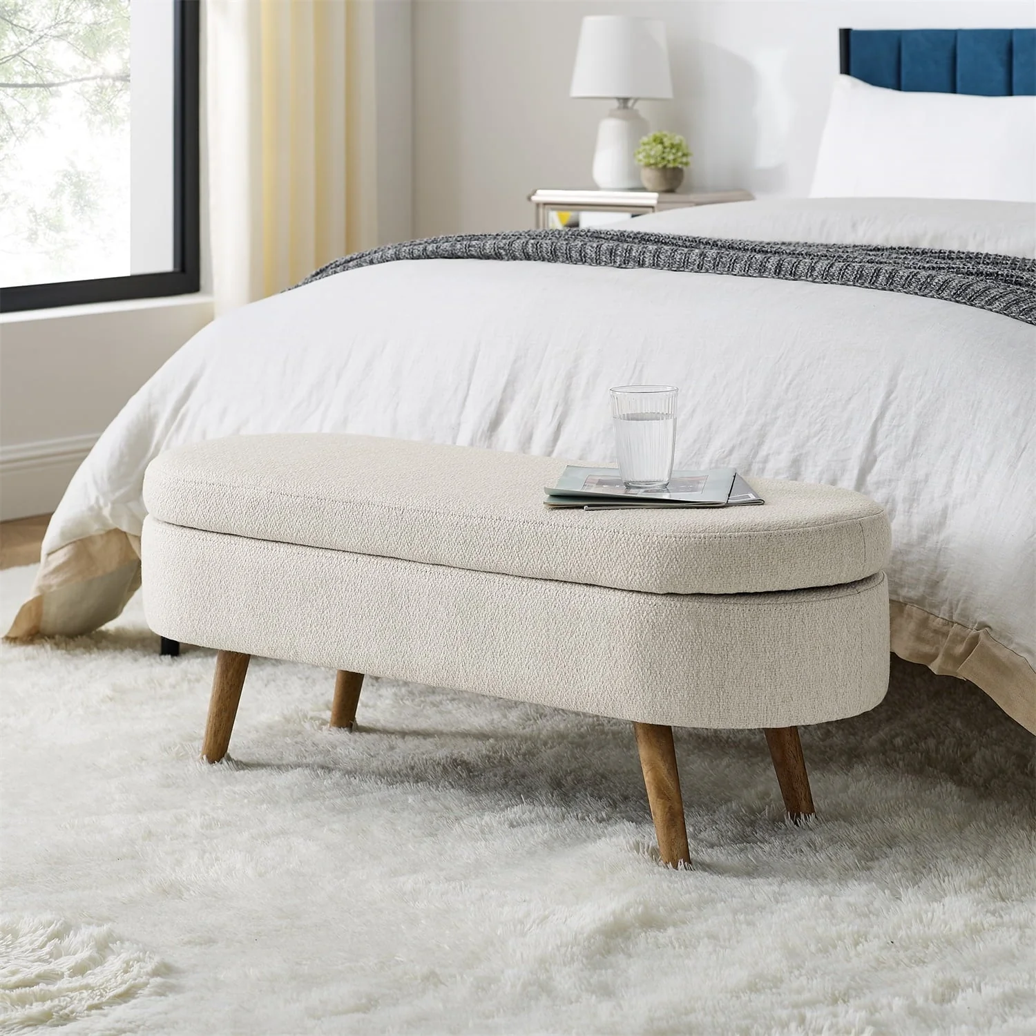 Oval Storage Bench 43.5" Modern Linen Fabric Upholstered Entryway Bench with Rubber Wood Legs Ottoman Bench Indoor Storage Bench for Living Room, Bedroom, End of Bed, Entryway, Bed Side, Beige