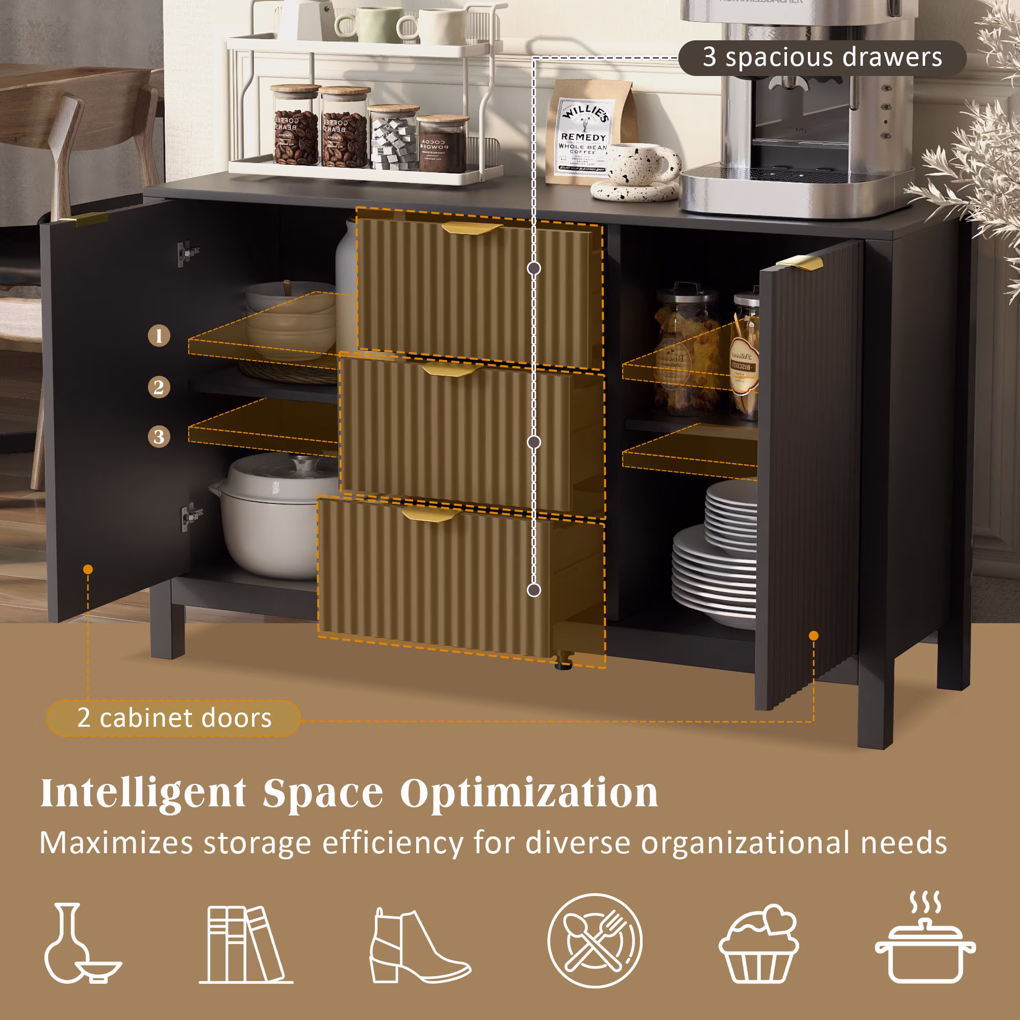 MEETFAV Sideboard with Wave Design, Storage Console Table with Adjustable Shelves, Drawers & Soft-Close Doors for Study and Living Room, Black