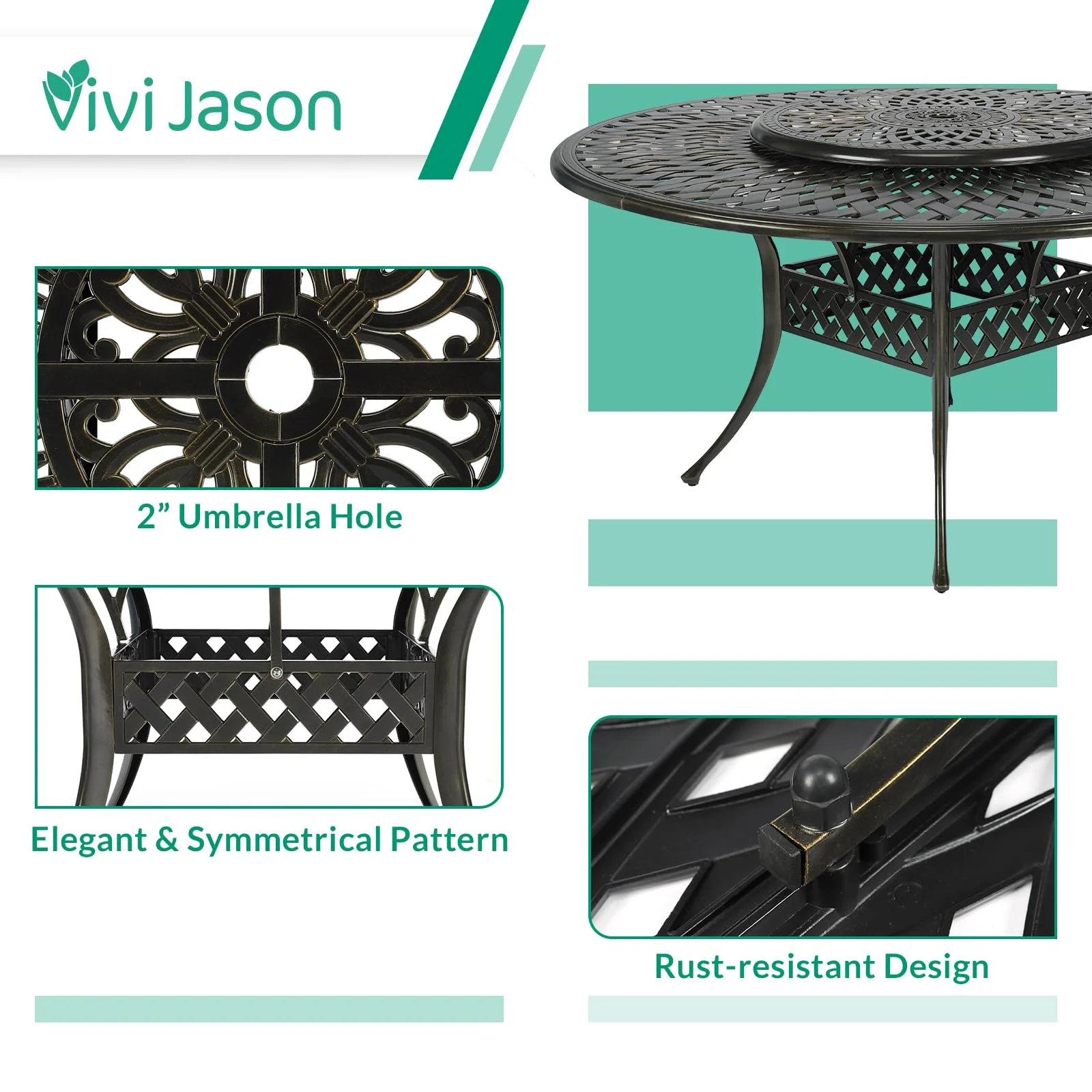 VIVIJASON 9-Piece Patio Dining Set, Rust-Free Cast Aluminum Outdoor Furniture Set, 8 Patio Dining Chairs and 61" Round Dining Table with 31" Lazy Susan, Umbrella Hole for Backyard, Patio, Garden