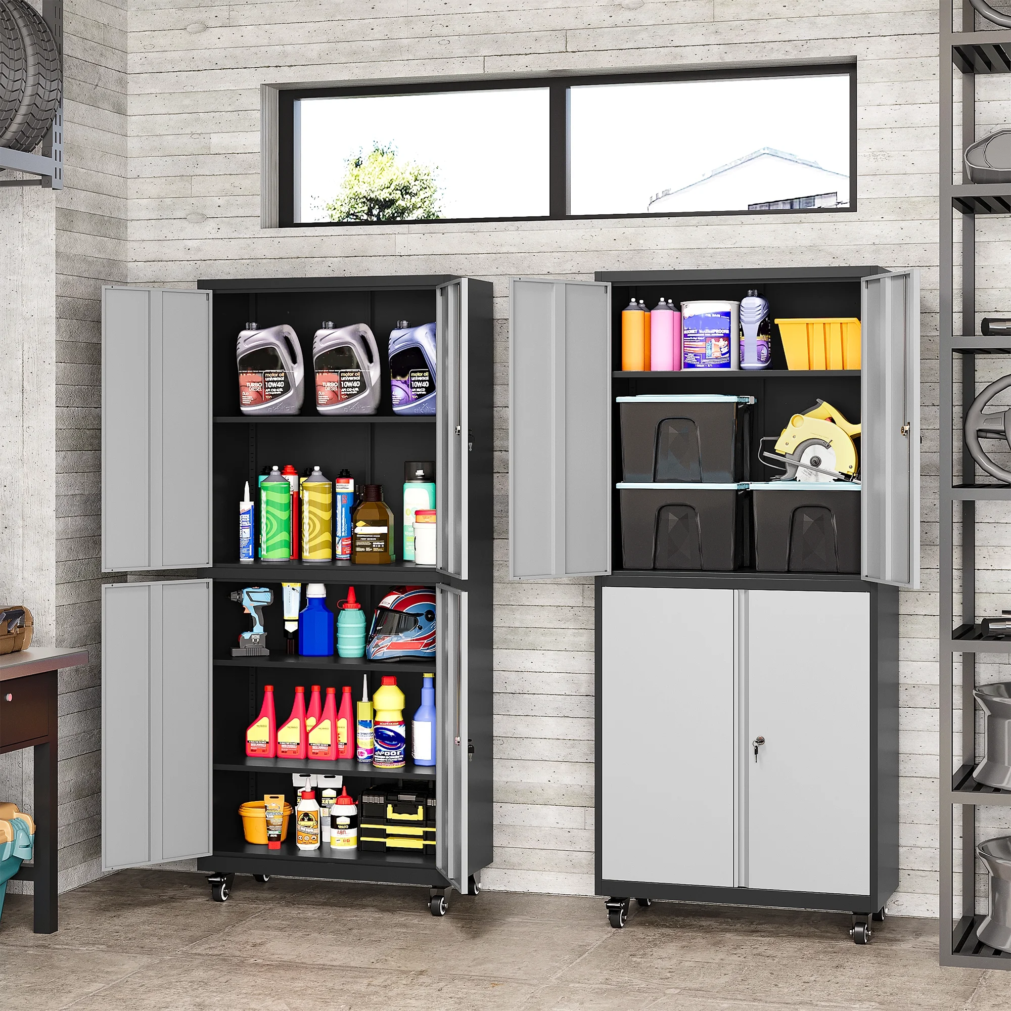 AUHUP 73" Rolling Garage Storage Cabinets with 3 Adjustable Shelves, Metal Storage Cabinet with Wheels, Black Gray Tool Cabinet for Garage,Home,Warehouse,Workshop