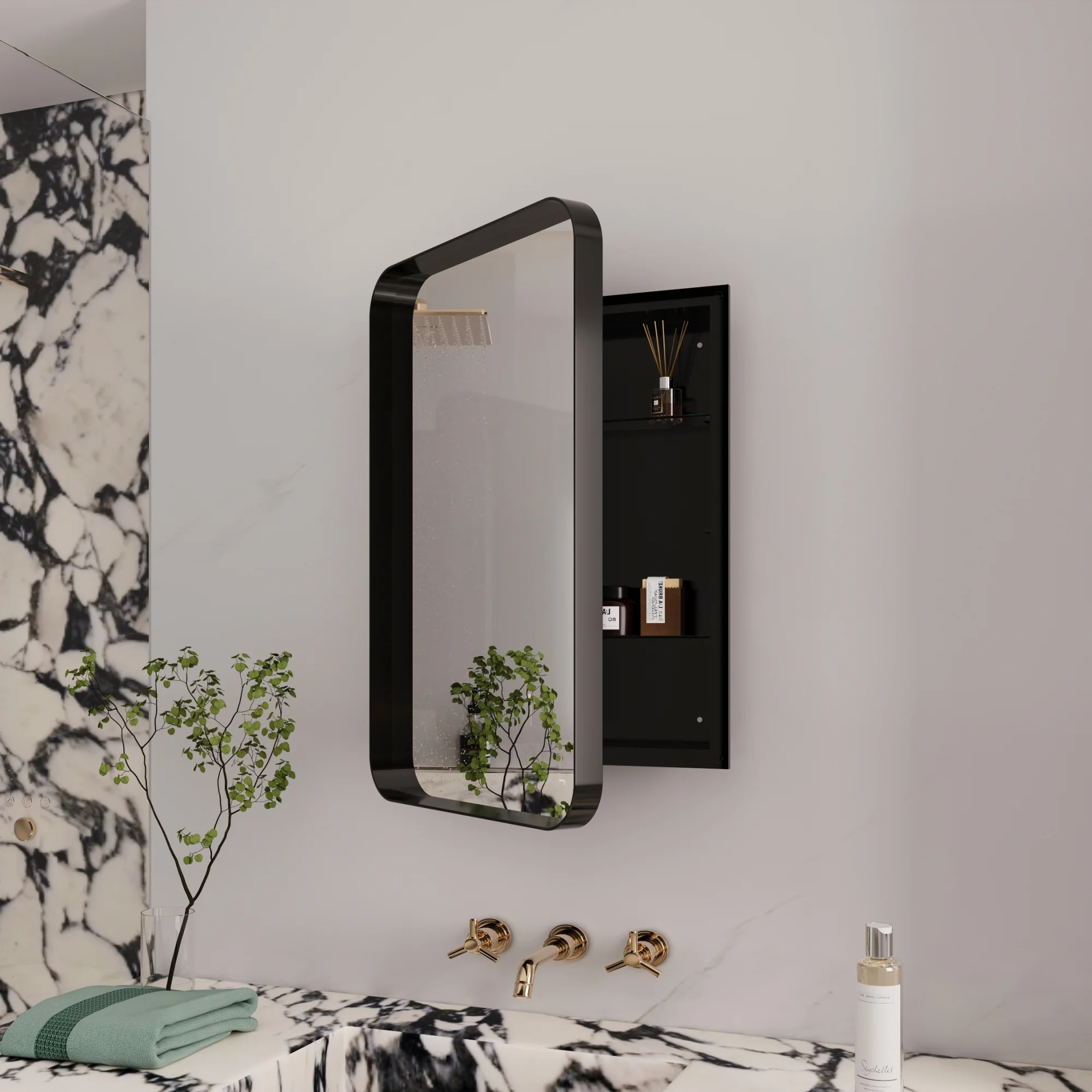 Bathroom Wall Storage Cabinet with Mirror Rectangle Stainless Steel Frame Medicine Cabinet Black