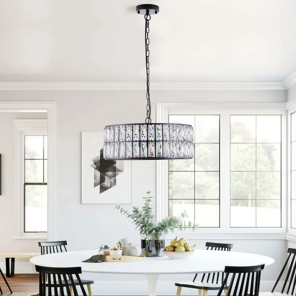 ACE-LIGHTS,17.7 Inch 6-Light Modern Crystal Drum Chandelier(Bulbs Not Included),Pendant Lighting Fixture with Black Metal Frame for Living Room,Dining Room,Bedroom,Kitchen Islands(Black)