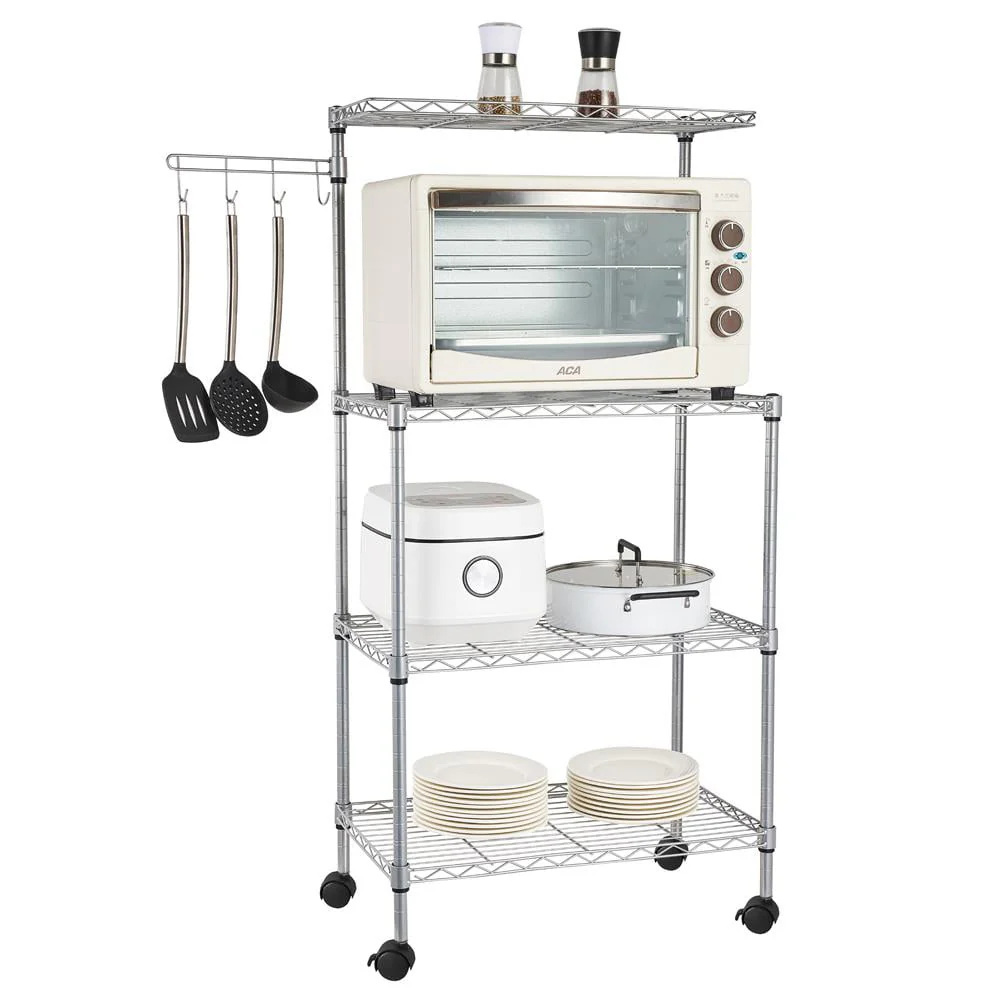 Ktaxon 4 Tier Baker's Rack, Microwave Oven Stand, Kitchen Storage Rack, Kitchen Utility Cart Storage Shelf Organizer Workstation with Spice Rack, Hanging Hooks, Chrome, Silver