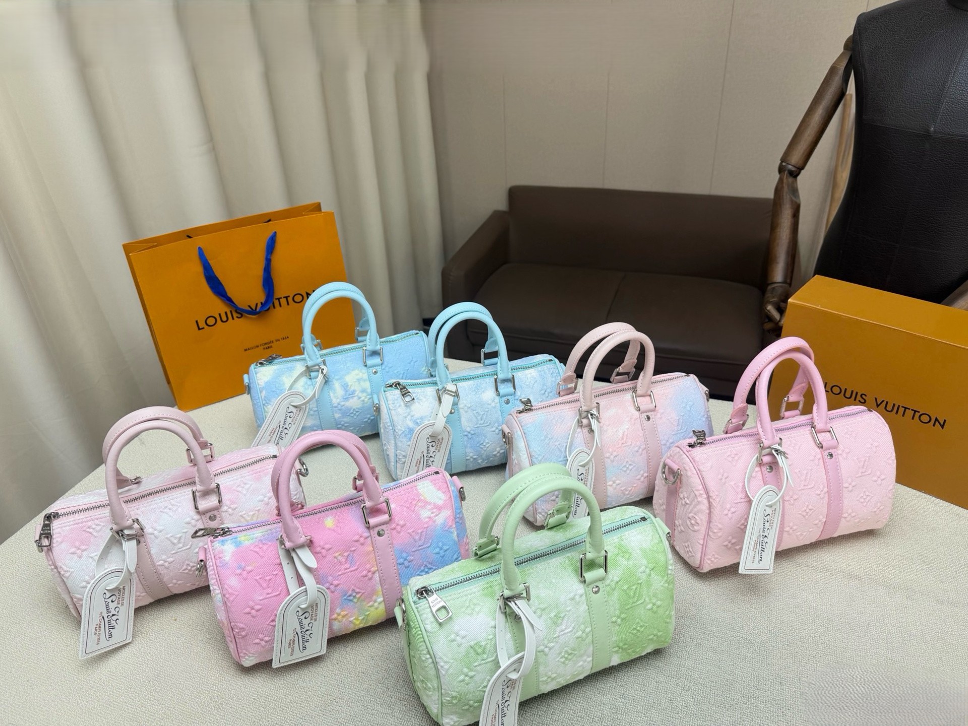 LV Keepall 25 Embossed Pastel Tie-dye Gradient Denim Dual Straps Duffle Travel Bag