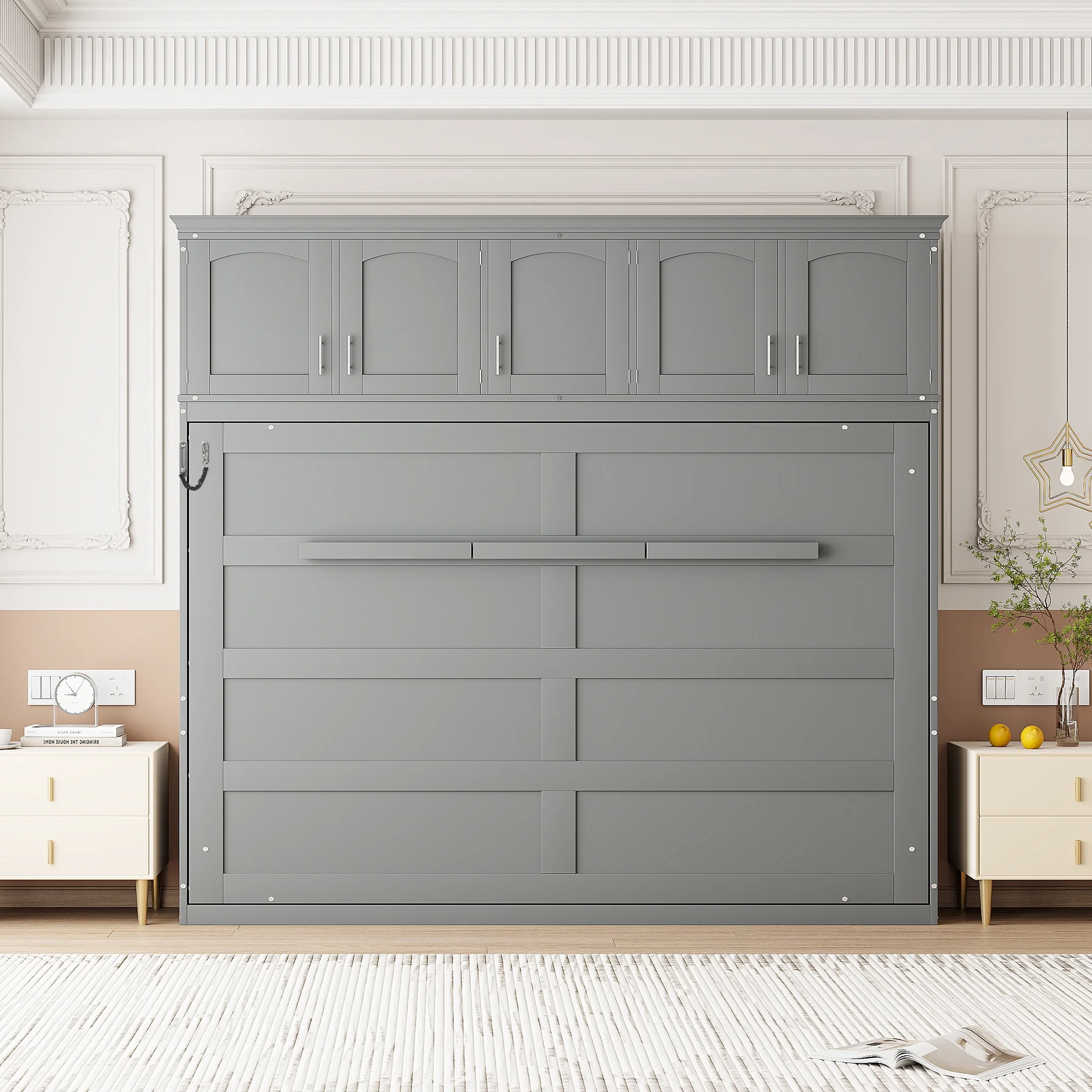 Newest Queen Size Murphy Bed Wall Bed with Top Cabinets,Gray