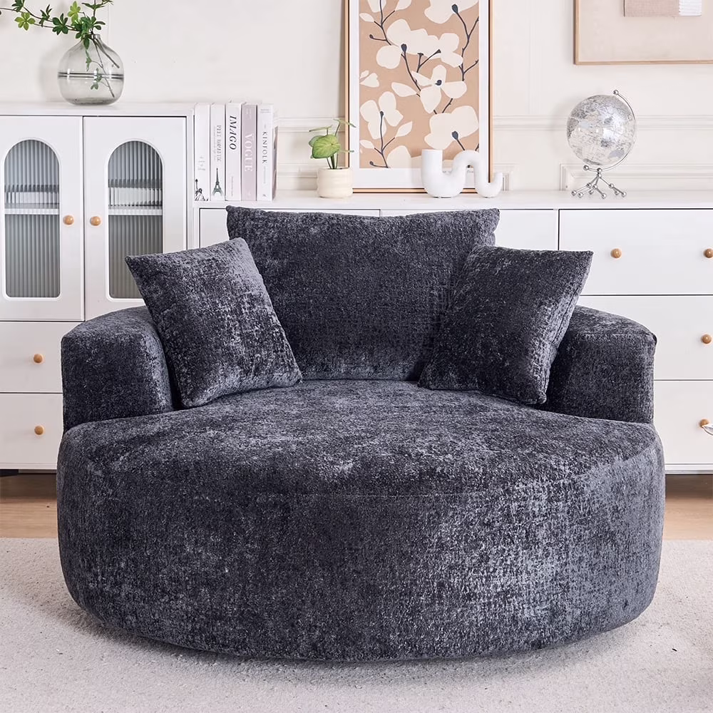 Round Accent Chair, 360 Swivel Chenille Barrel Chair, Fluffy Modern Sleeper for Living Room, Bedroom, Reading Room and Lounge