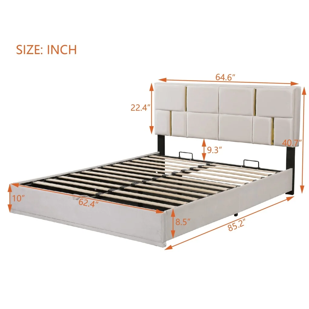 2-Pieces Bedroom Sets, Queen Size Upholstered Platform Bed with Hydraulic Storage System,Storage Ottoman with Metal Legs, 2 Piece Wood Bedroom Furniture Set, Beige