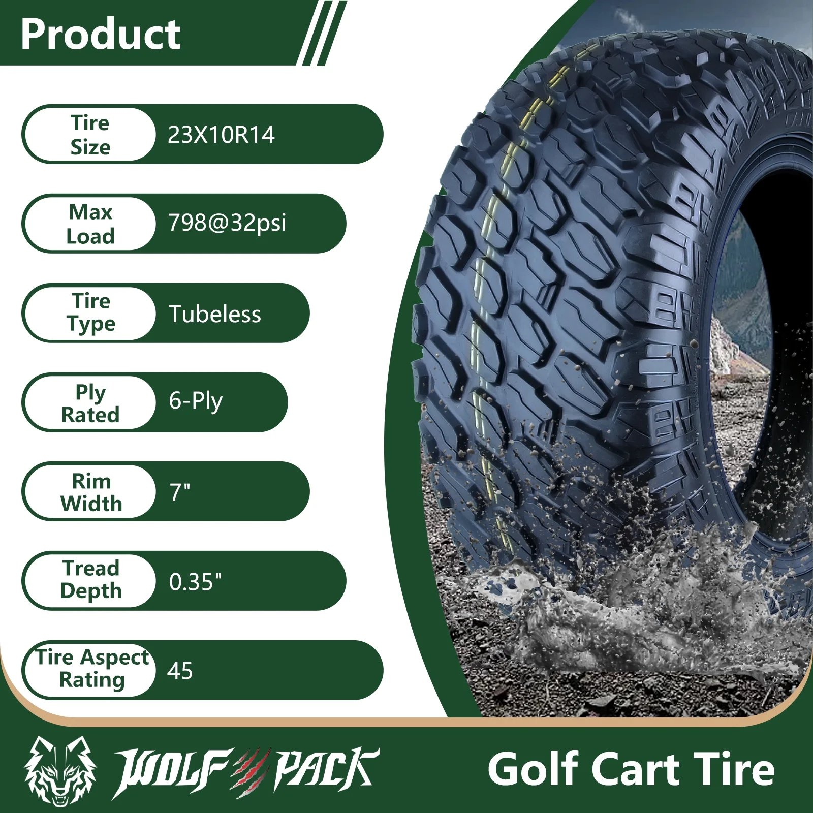 Set 4 WOLF PACK 23X10R14 Golf Cart Tires Non-Directional Tubeless Tire Multi-Terrain Tire with Superior Traction and Mud-Resistant Self-Cleaning Tread Design for Long-Lasting Performance