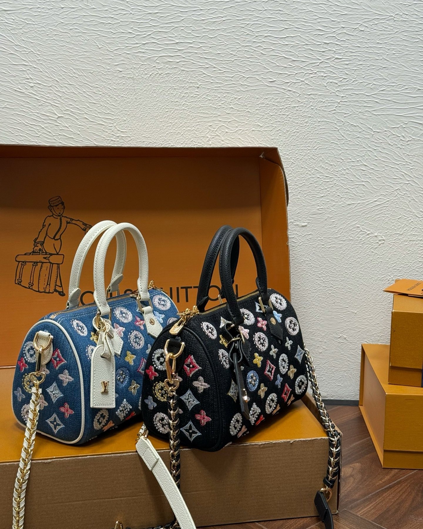 LV Speedy 20  Multicolor Embroidery Jacquard Denim Boston Top Handle Crossbody Bag