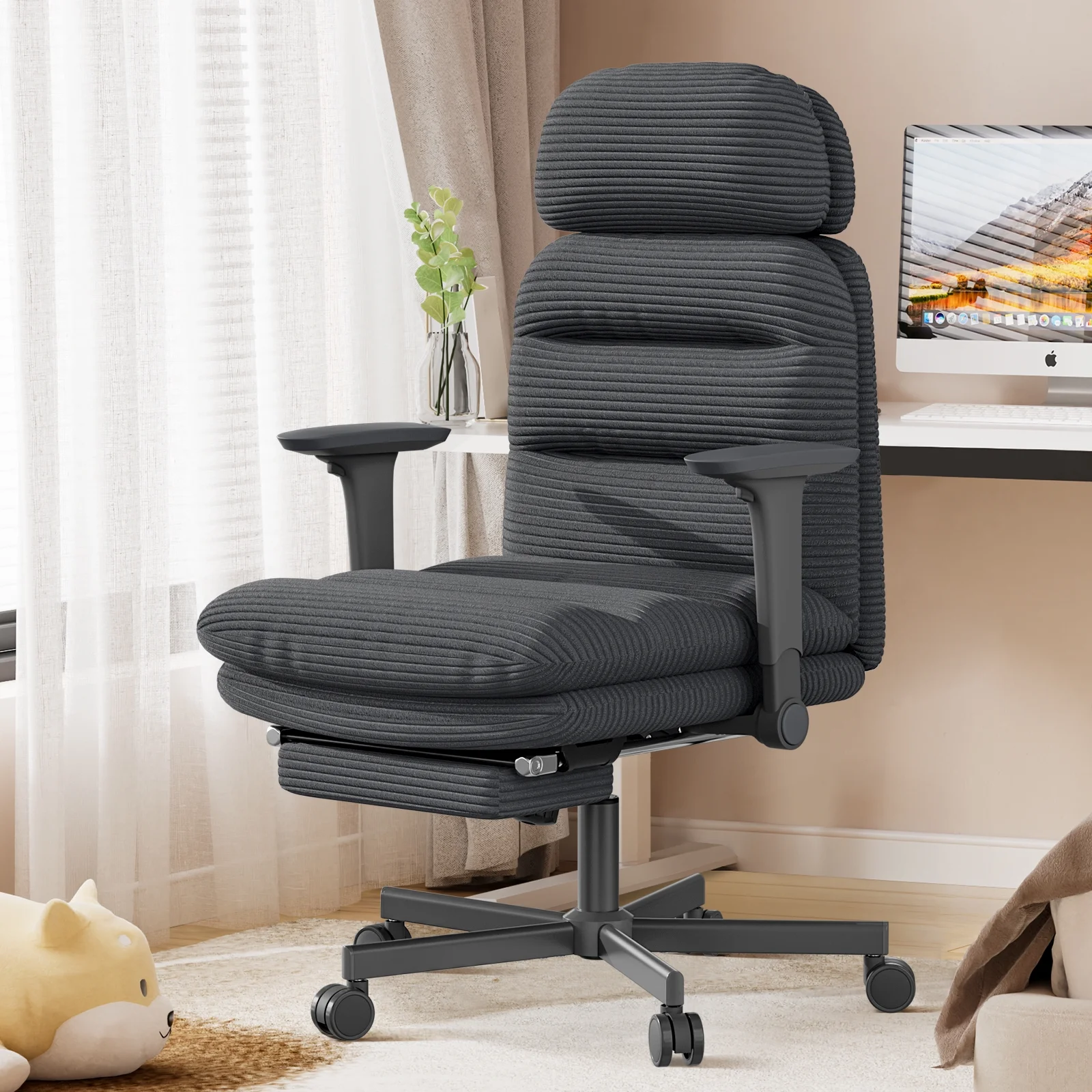 HomeZeer Ergonomic Cross-Legged Office Chair with Footrest & Headrest, Heavy Duty Executive Desk Chair with Flip-up Armrests, Corduroy Fabric Computer Criss Cross Chair for Home Office, Black