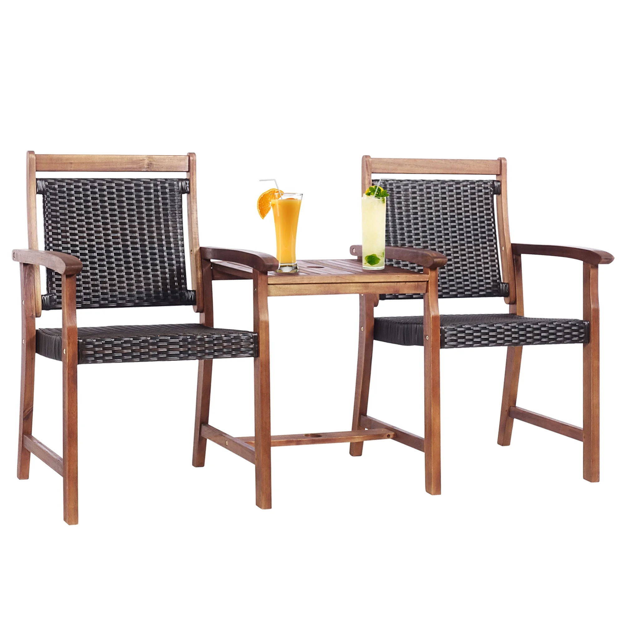 Gymax Patio Acacia Wood Conversation Companion Bench Loveseat Chair with Side Table