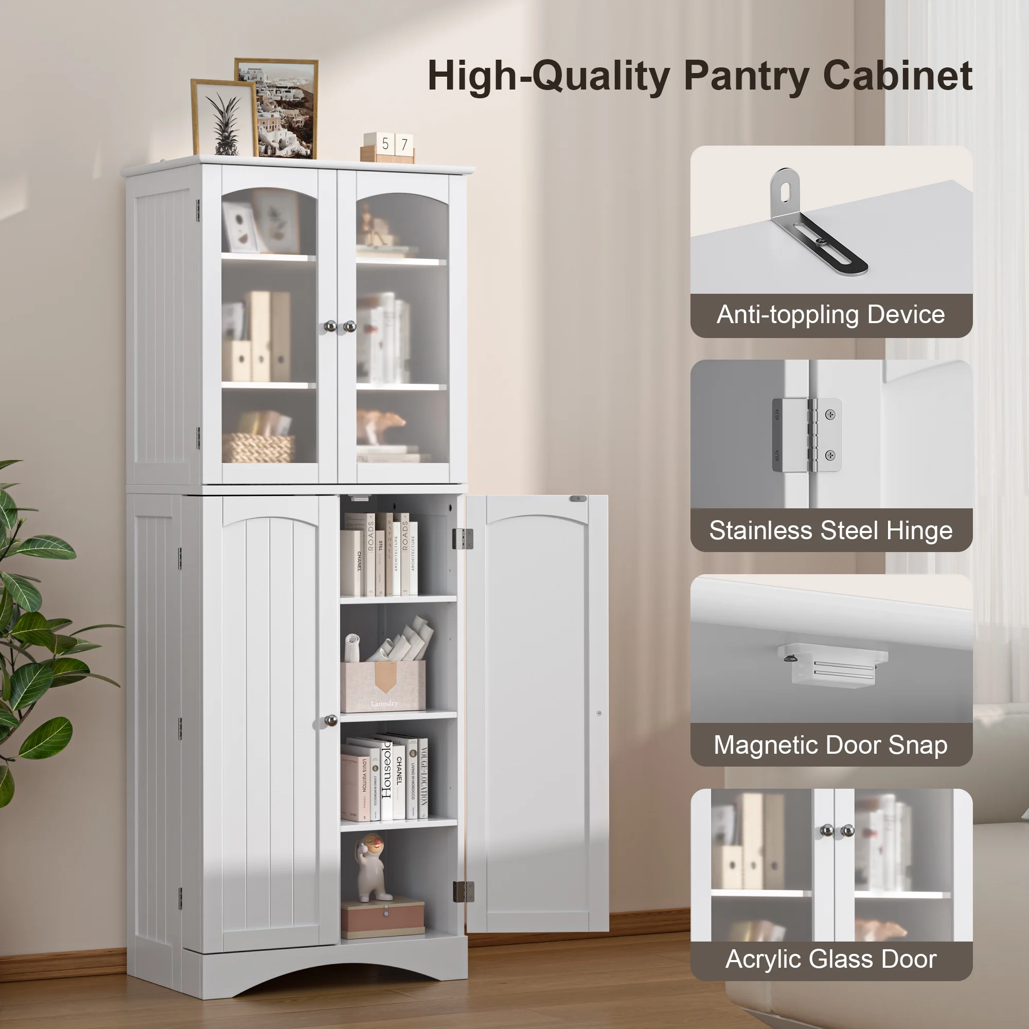 Pantry Cabinet, Lofka 64"  Kitchen Pantry Storage Cabinet with Frosted Glass Doors and 14 Shelves, White