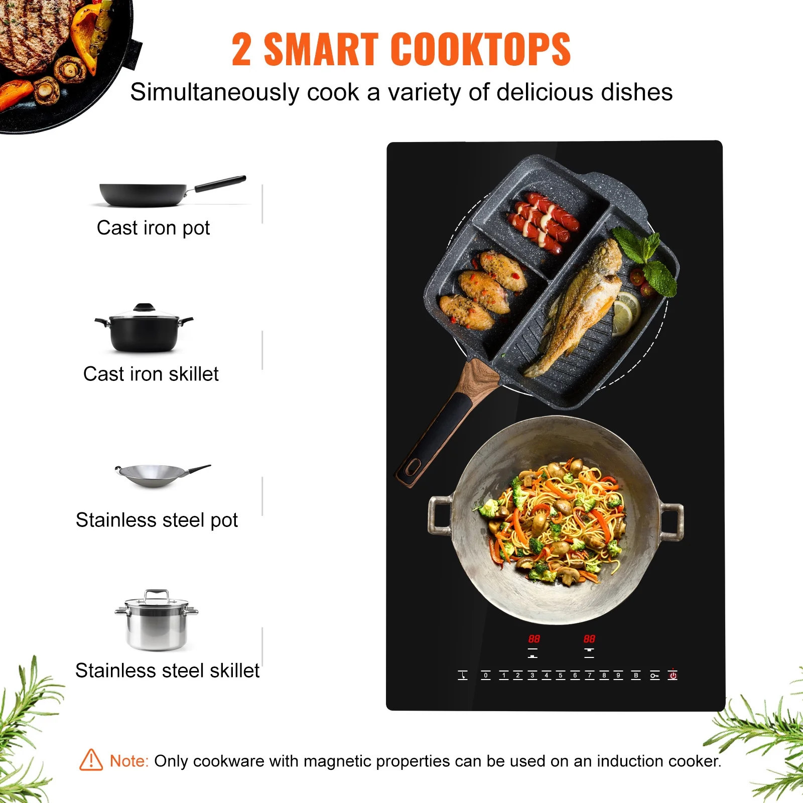 KFFKFF 2 Burner Electric Cooktop, 12 -Inch Built -In Electric Stove Top with 9 Heating Levels and Touch Control, Easy To Clean Ceramic Glass Surface