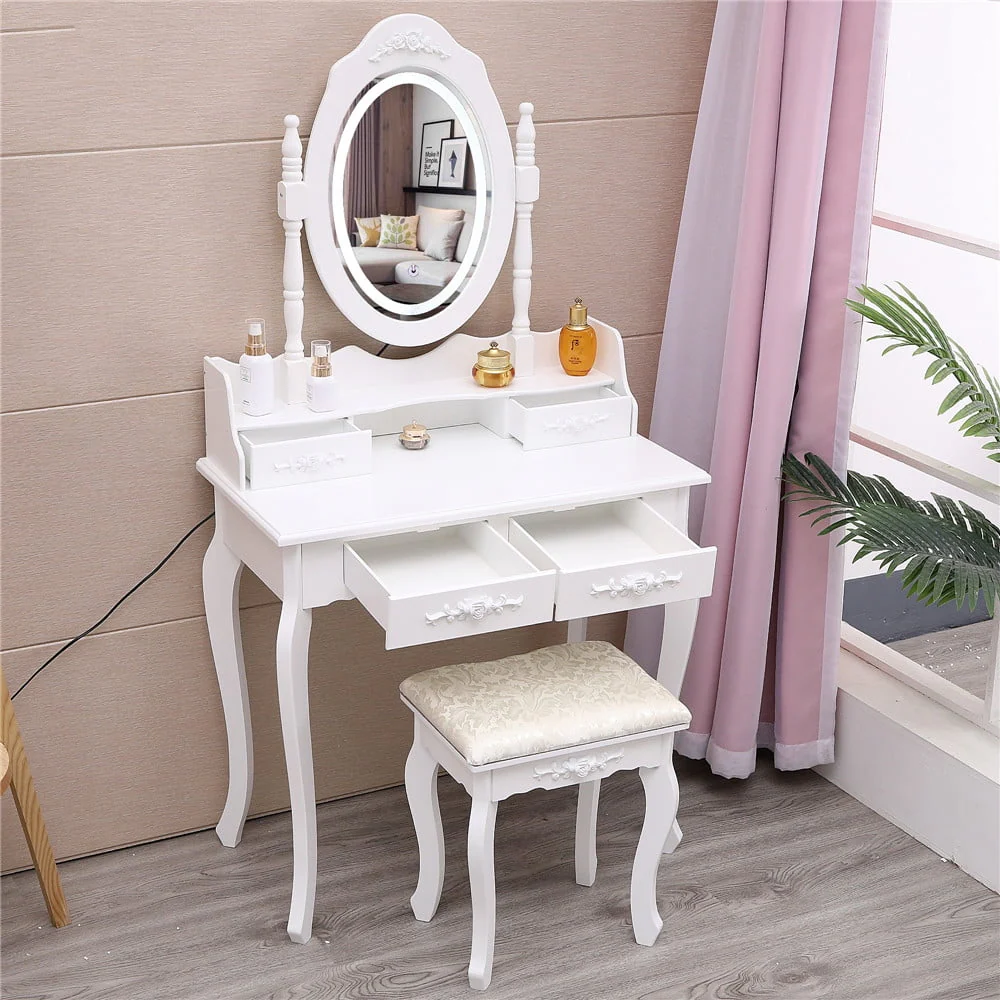 Ktaxon Elegance White Dressing Table Vanity Table and Stool Set Wood Makeup Desk with 4 Drawers & Lighted LED Touch Screen Mirror