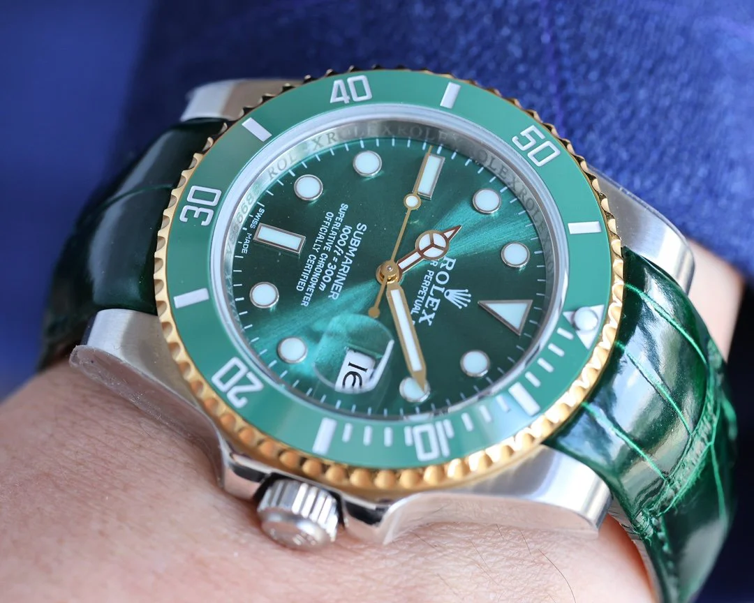 Rolex Watch SUBMARINER DATE 40 STEEL CASE GOLD GREEN CERAMIC LEATHER Watch