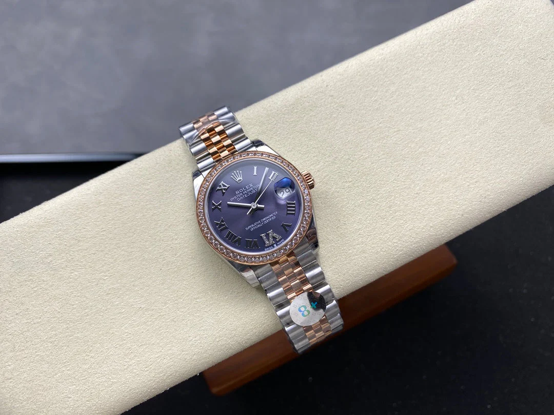 Rolex Watch Datejust 31mm Pink Gold Steel Diamond Bezel Aubergine Purple Dial