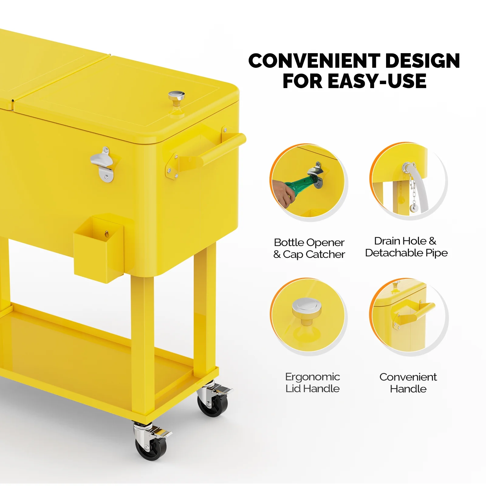 Ktaxon 80 Qt Rolling Ice Chest Cooler Cart Outdoor Trolley with Storage Shelf, Bottle Opener & Cap Collector for 48 Hour Cold Drinks,Lemon Yellow