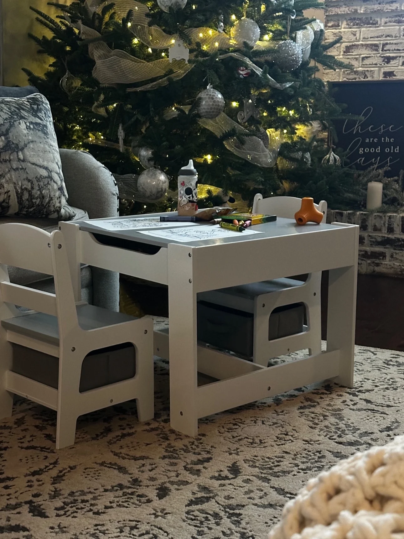 LINLUX Kids Table and 2 Chairs Set, Children Activity Table Chairs with Chalkboard/Whiteboard, Grey