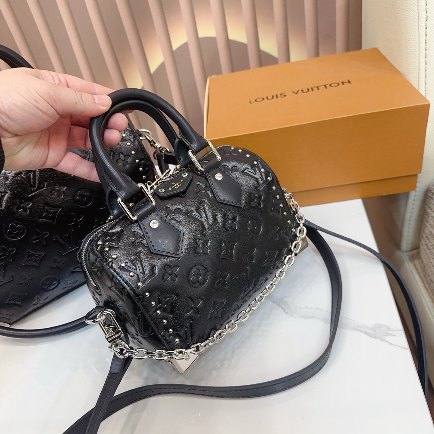 LV Speedy 20/26 Trunk Monogram Empreinte Total Black Leather Studded Boston Top Handle Bag