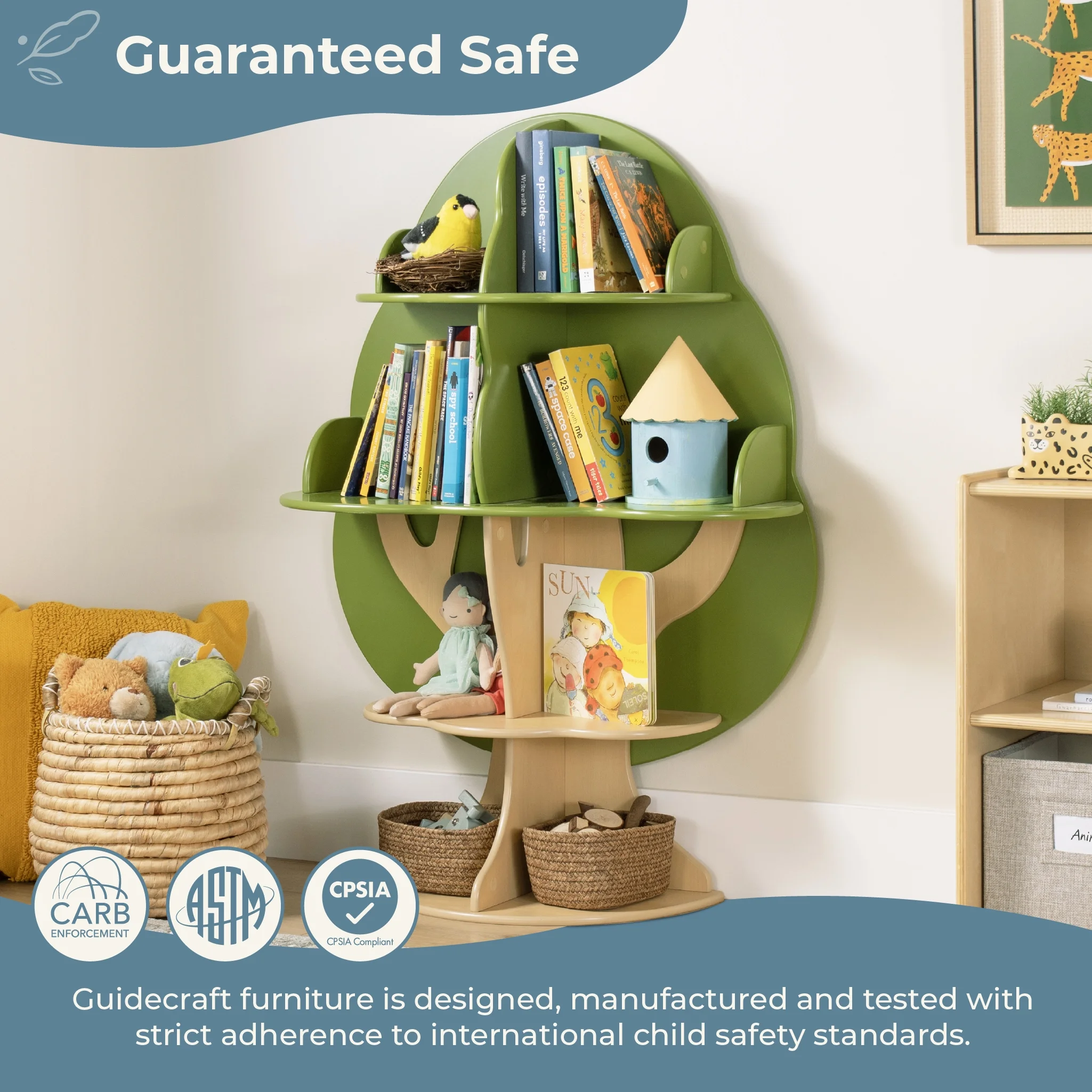Guidecraft Tree Bookshelf for Kids: Montessori Wooden bookshelves and bookcases with 6 Shelves for Nursery, Homeschool, Daycare and Playroom Storage
