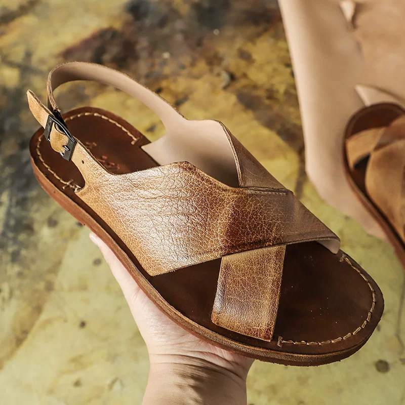 Handmade first layer cowhide retro sandals