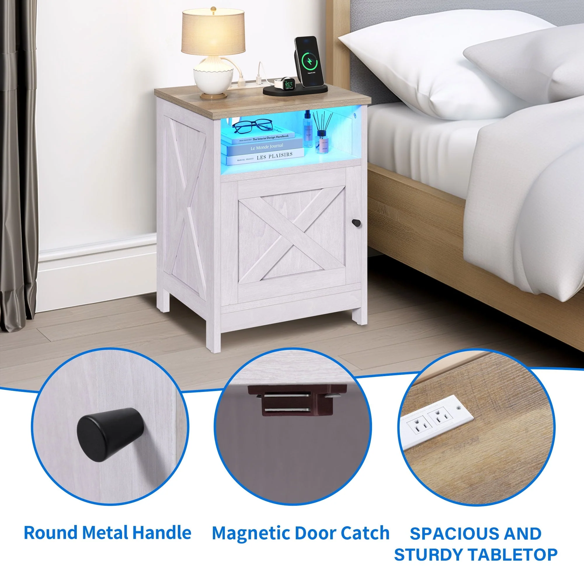 Dextrus Nightstand with RGB LED Soft Light, 27" Wood Bedside Table with Opening Shelve and Storage Shelve for Living Room Bedroom Furniture, Light Gray