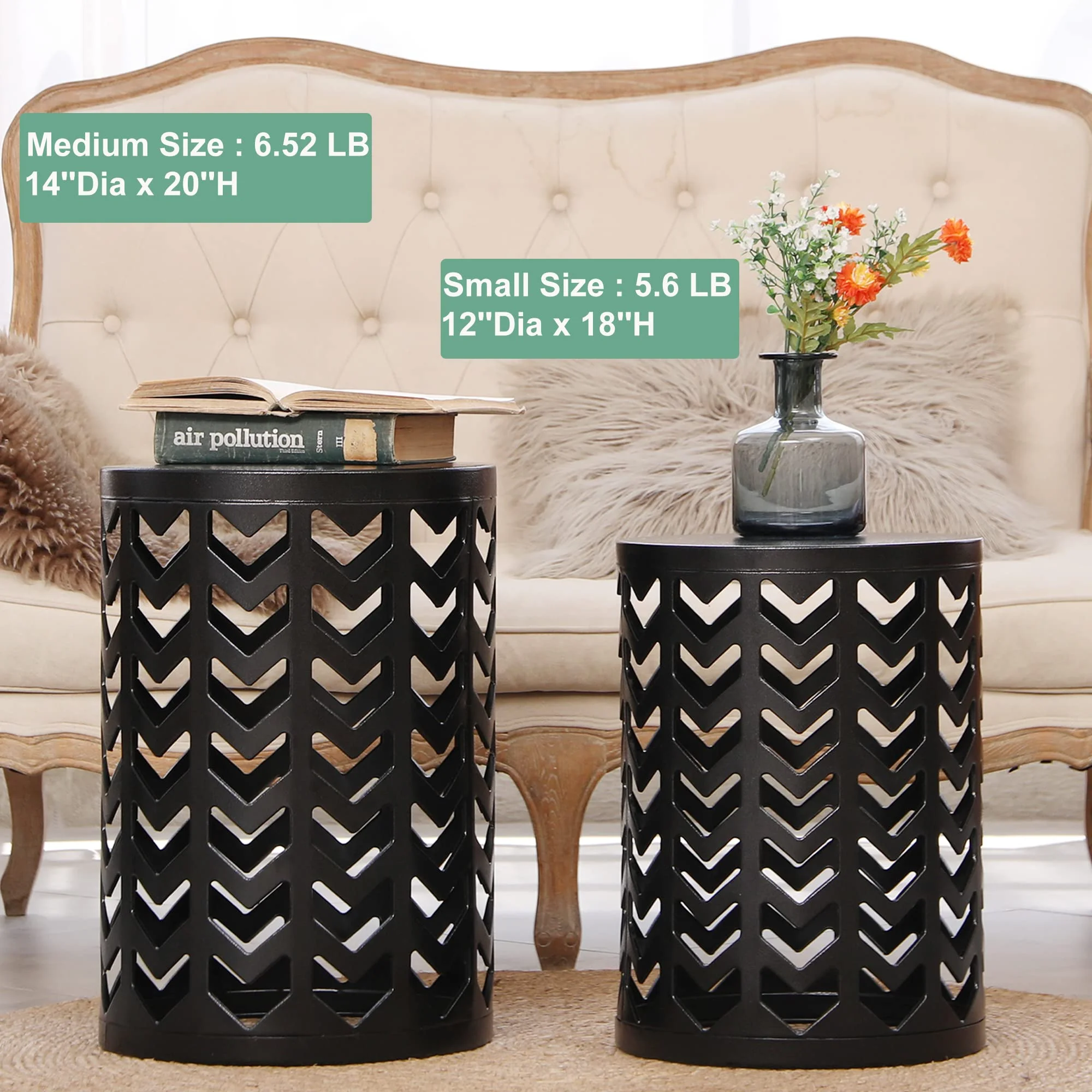 Y&M Set of 3 Nesting Metal Round Coffee Table, Side Table End Table for Indoor Outdoor Multifunctional Use,Heavy Duty Metal Plant Stand Garden Stool- Black