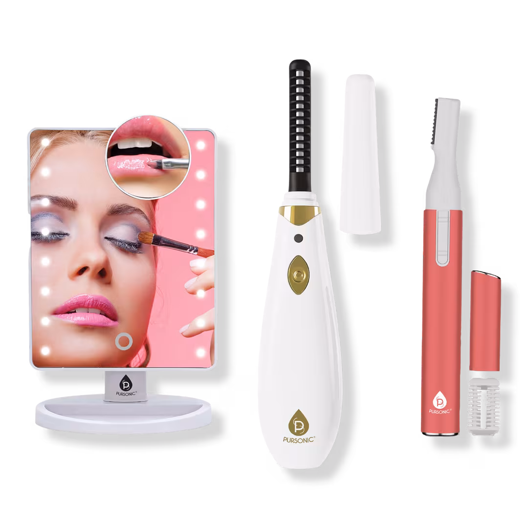 PURSONIC  Facial Trimmer & Eyebrow Kit, Heated Eyelash Curler & LED Vanity Mirror