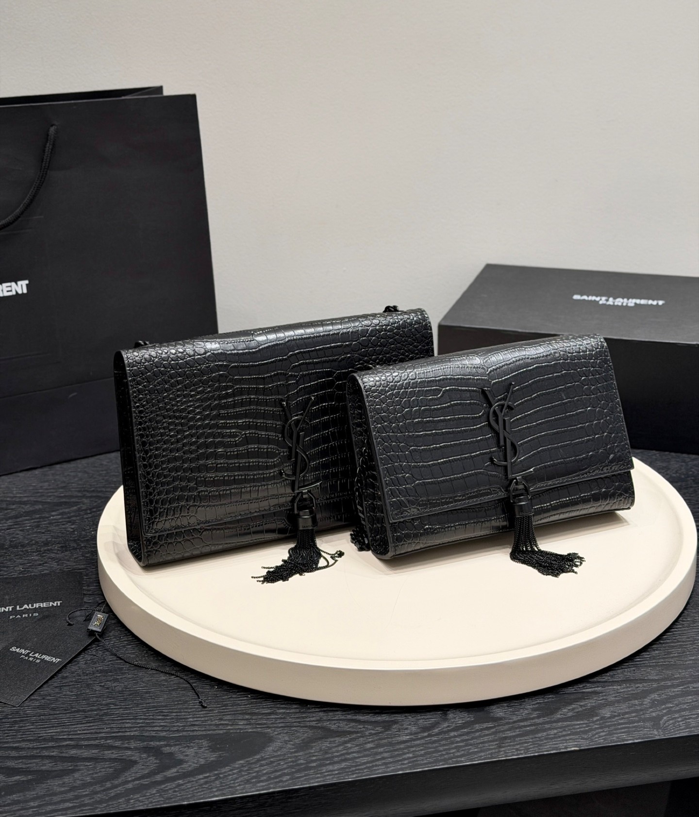 YSL Kate Small& Medium All Black Croc Embossed Leather Chain Tassel Shoulder Bag
