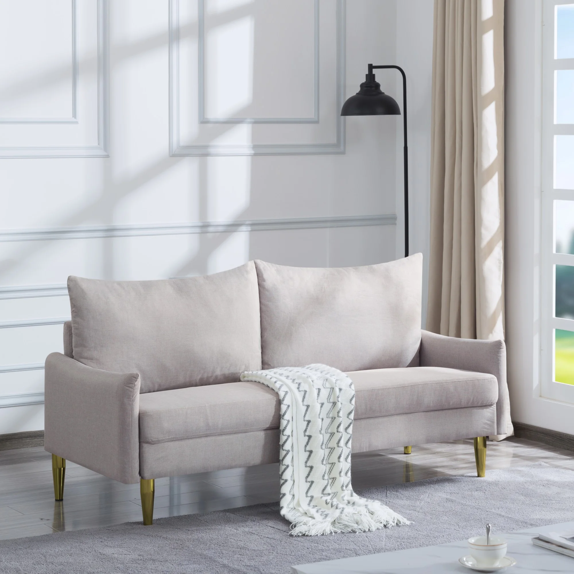 Gewnee 66.9-inch Modern Style Sofa - with Removable and Washable Back Cushion Covers / Gold Tapered Metal Legs. Suitable for Living Rooms / Bedrooms